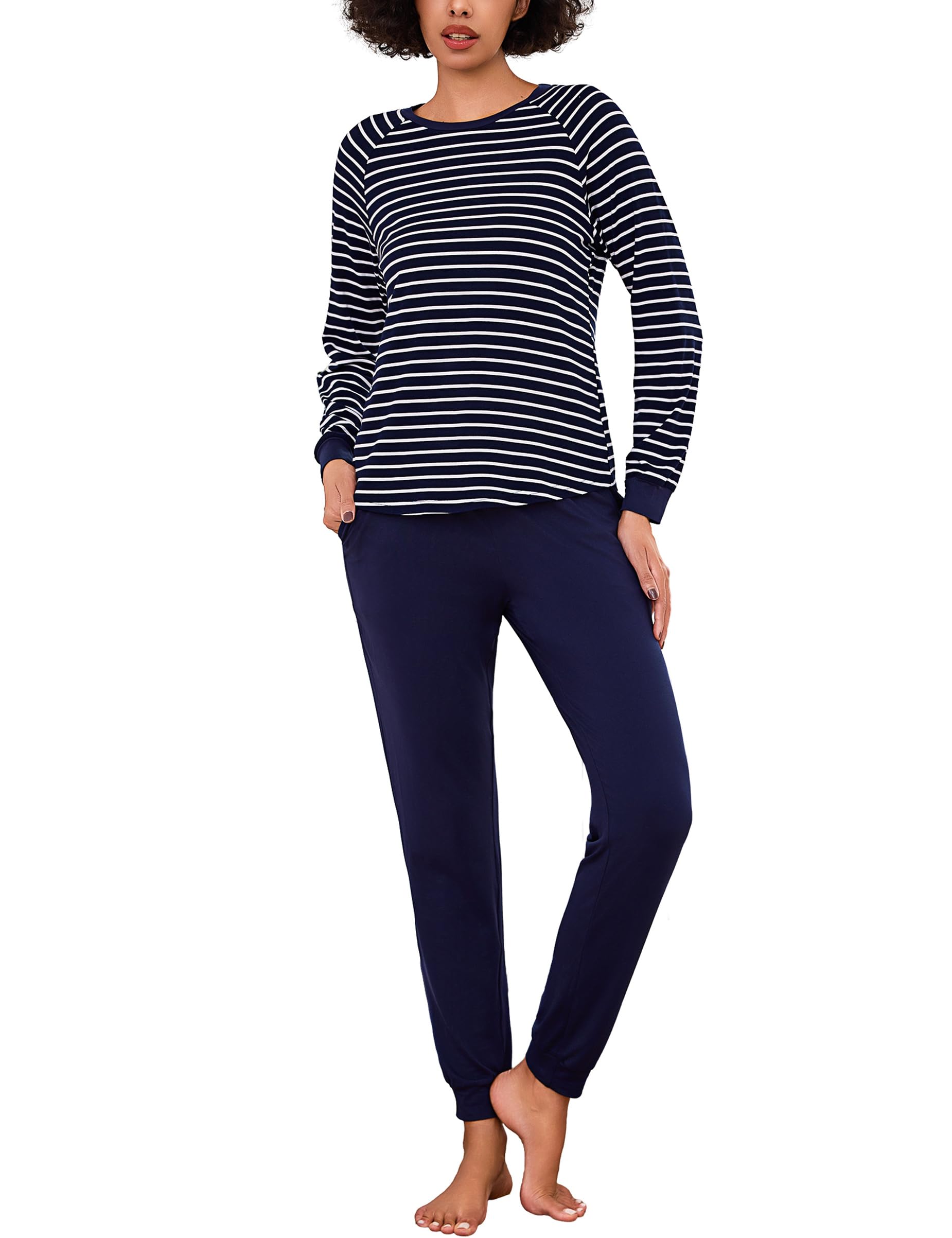 Litherday Schlafanzug Damen Lang Baumwolle Pyjama Set Nachtwäsche Winter | Zweiteiliger Gestreiftes Oberteil,Pyjamahose mit Tasche,Schlafanzüge für Damen mit Bündchen
