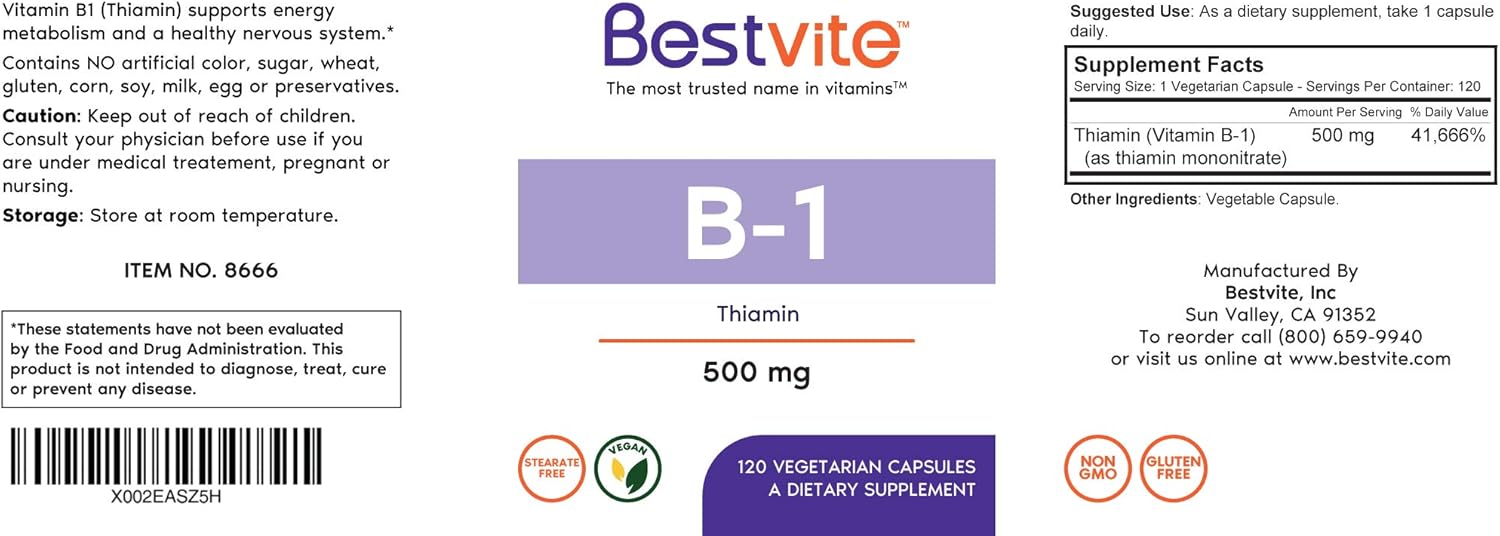 Vitamin B-1 (Thiamin) 500mg (120 Vegetarian Capsules) - No Stearates - Vegan - Non GMO - Gluten Free- No Silicon Dioxide - No Calcium Carbonate : Health & Household