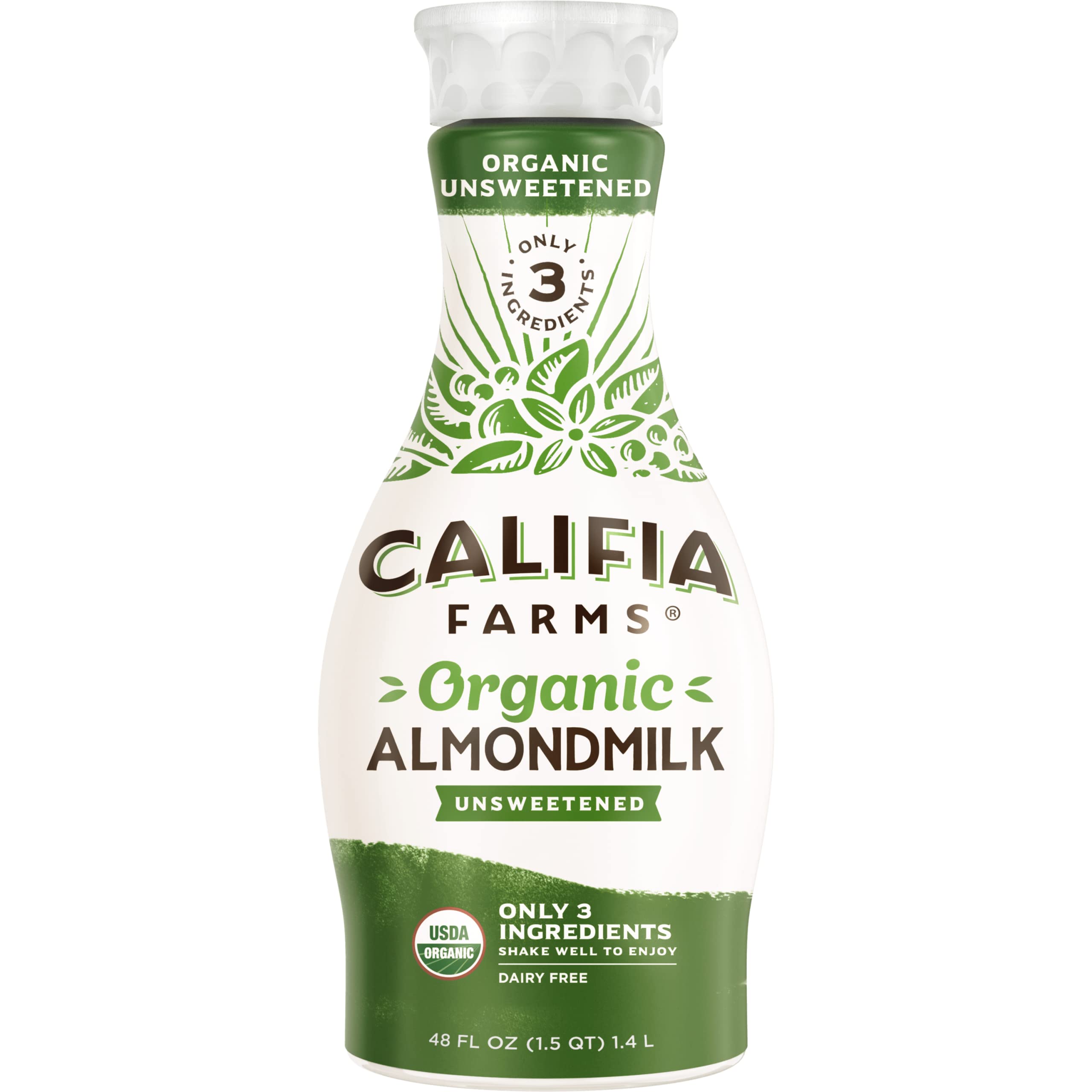 Califia Farms - Organic Unsweetened Almond Milk 48 Oz Dairy Free Keto Vegan Plant Based Organic Milk Non