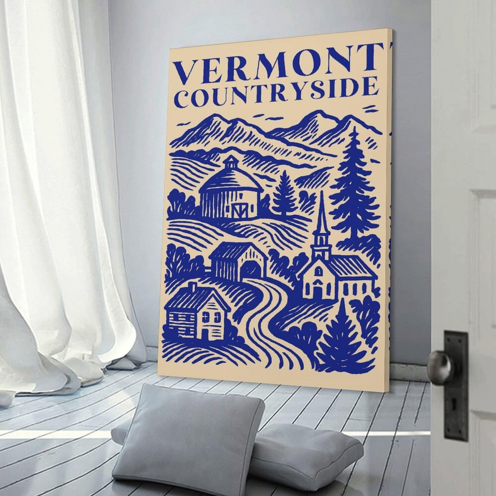 Junmoney Vermont Countryside Illustration Canvas Wall Picture 24x36inch(60x90cm), for Study, Office Or Focused Interiors, Home Office Artwork with Decorative Appeal