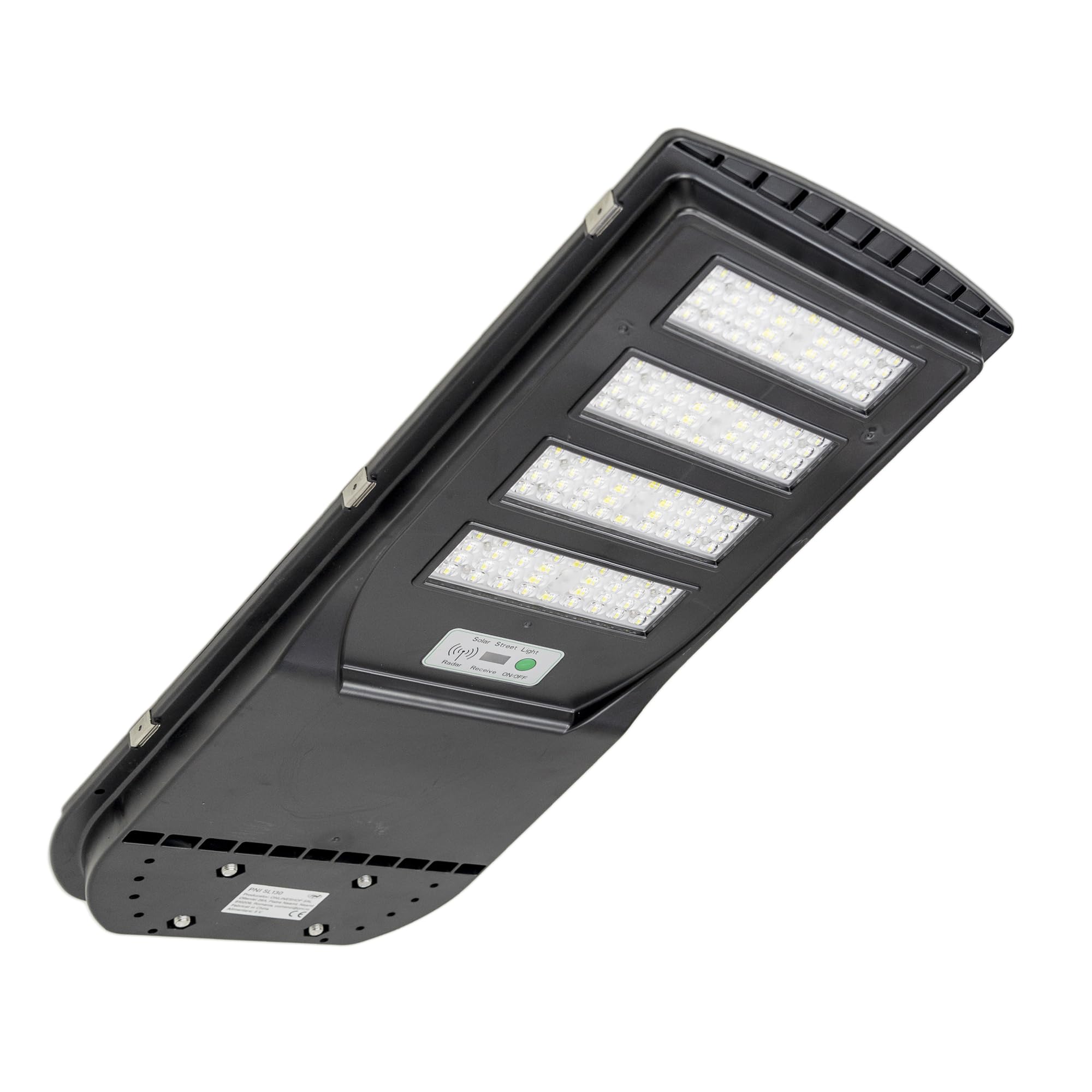 Lampa uliczna PNI SL130 300W z wbudowanym panelem słonecznym 20W, 6500K, 2900lm, 4 x wbudowany akumulator 20Ah, mikrofalowy czujnik ruchu