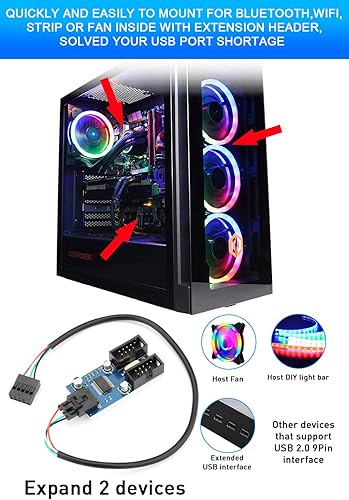 Miniatura 10 de Divisor de cabezal USB de 9 pines con cable de alimentación SATA, 4 puertos USB 2.0 internos, extensión de concentrador USB 2.0 interno para placa