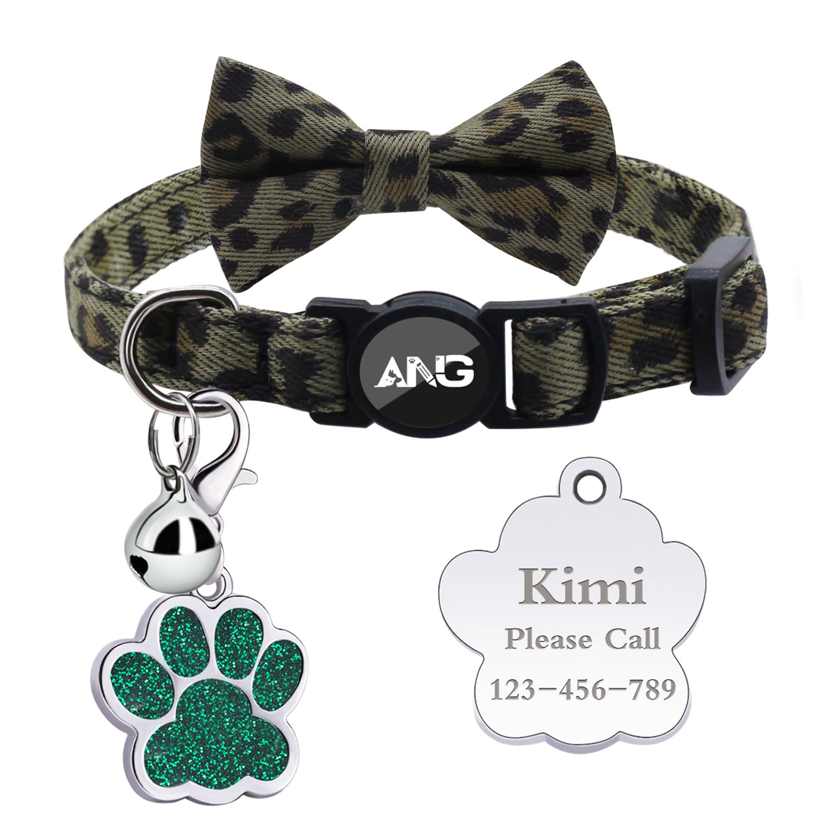 Personalised Breakaway Cat Collars - ID Tag, Bell, Bowtie - Safety Quick-Release, Customised for Female & Male Cats-Leopard Pattern-Green
