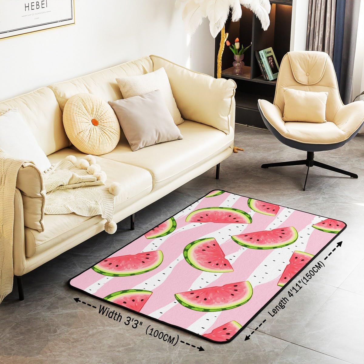 Watermelon Stripes Area Rug,Summer Fruits Theme Cute Printed Indoor Floor Mat for Kids Boys Girls Youth,Sweetheart Pink Red Carpet for Living Room Dining Room,Bedside,Playroom Decor,5x7
