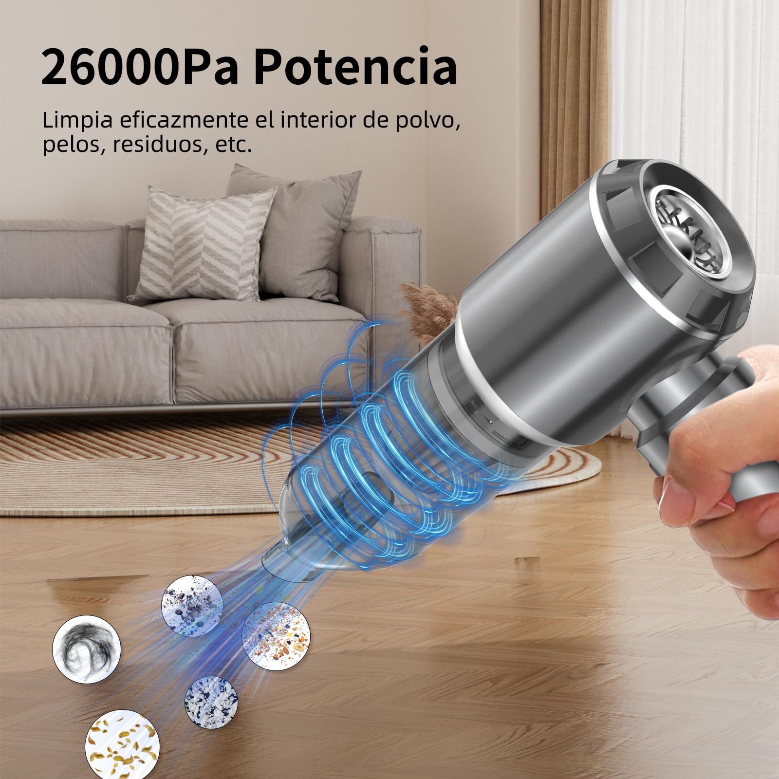 Aspirador de Mano, 26000Pa Mini Aspirador Recargable, Aspiradoras de Mano Coche 3 en 1 con Motor sin escobillas, Aspirador sin Cable para Coche, para Uso en la Oficina, el hogar, la Cocina