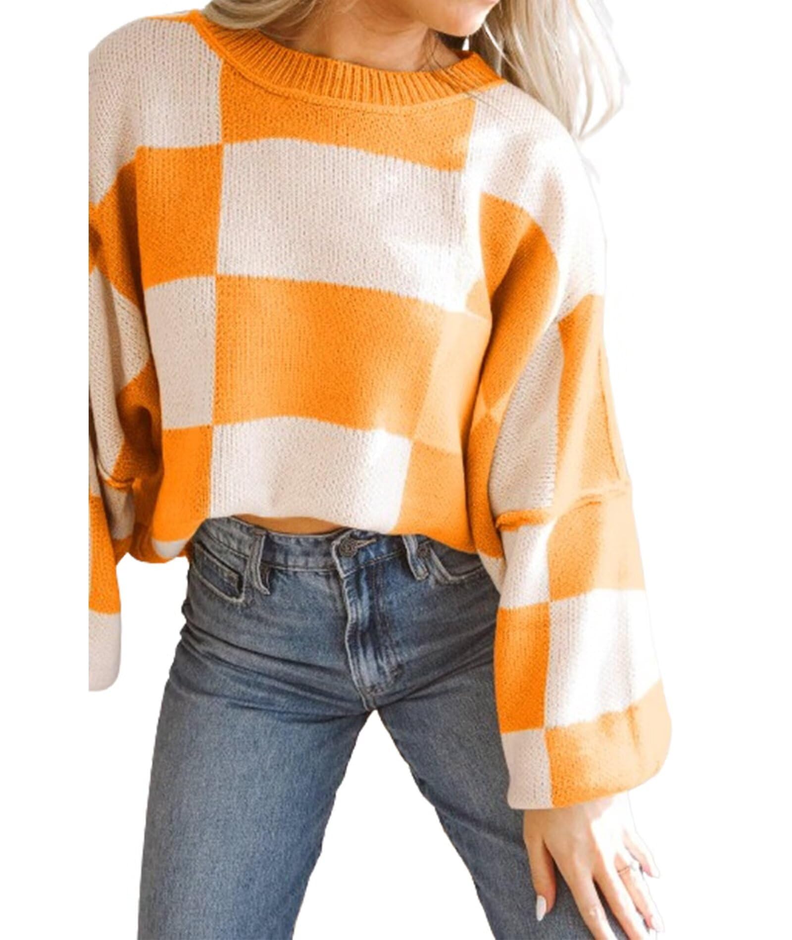 Womens Casual Crew-Neck Long Sleeve Sweater Checkered Pullover Knit Sweaters Jumper Top