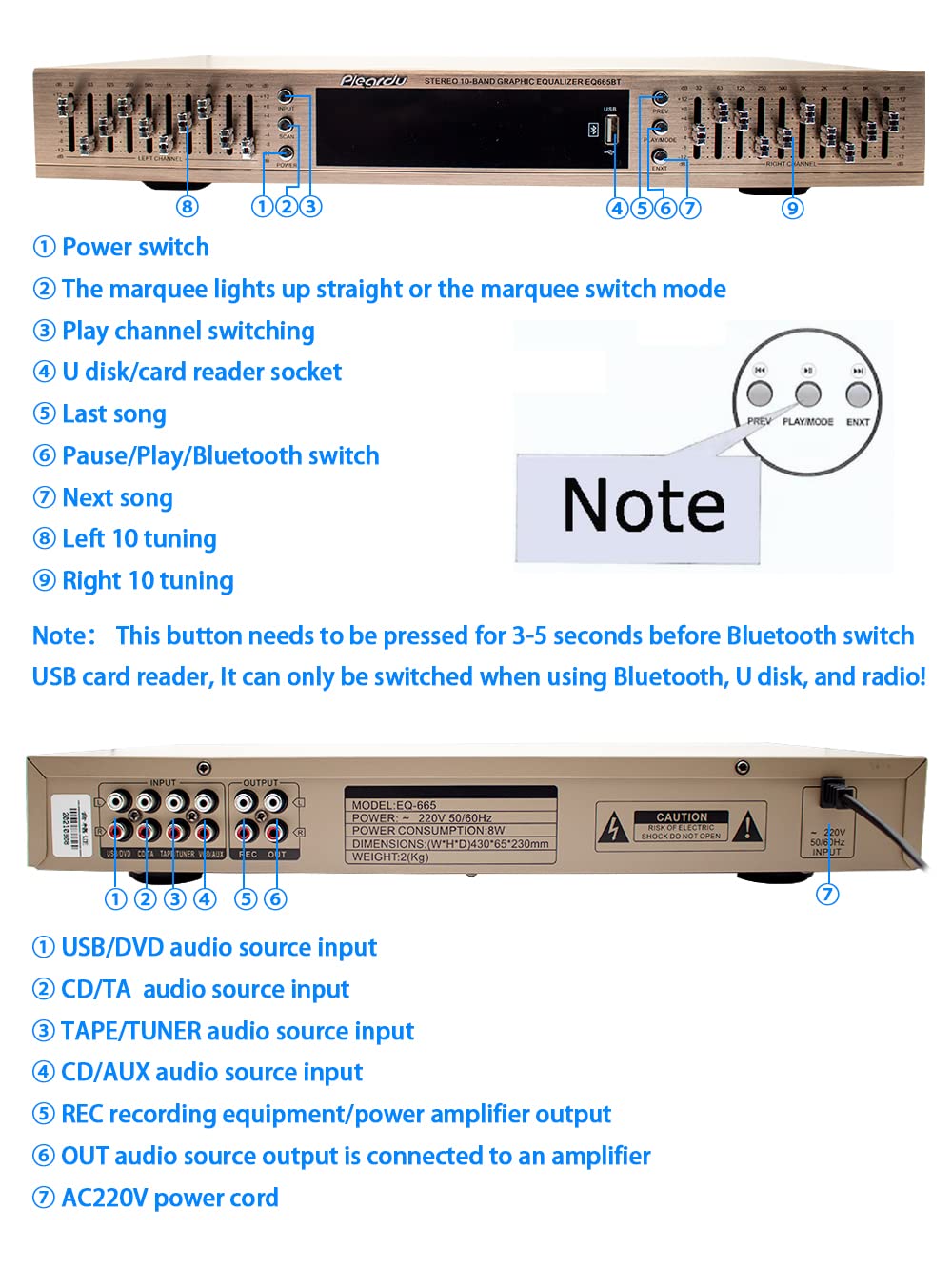 Toplionace EQ665 Stereo Equalizer, 220V HiFi Home EQ Equalizer Dual-10 Band-Stereo Höhen Alt Bass Regelung mit Integriertem Bluetooth (EQ665, Golden)