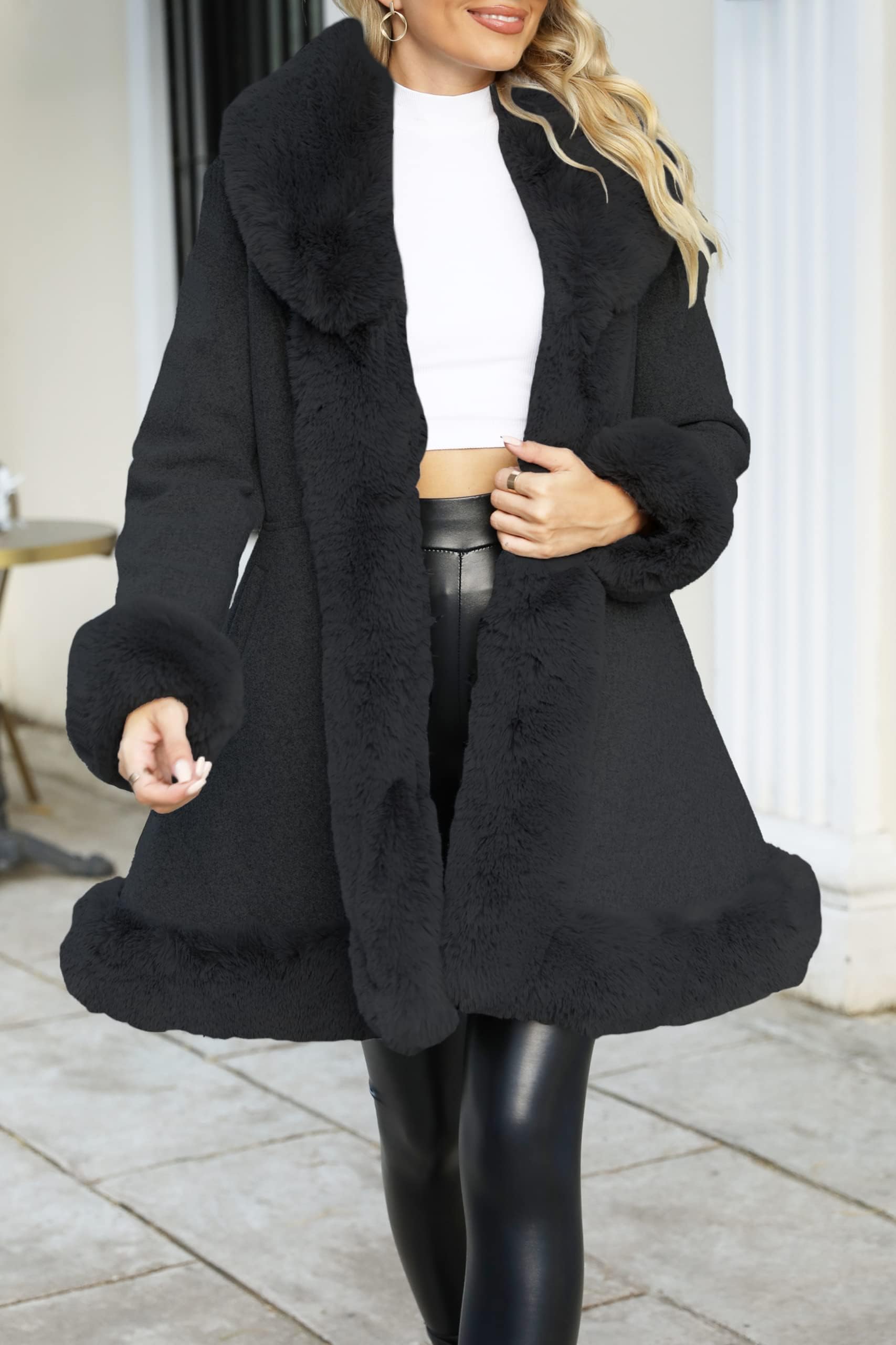 Giolshon Abrigo Largo de Piel Sintética y Mezcla de Lana Sintética para Mujer Vestido de Forro Polar con Cinturón Abrigo Cálido de Invierno Sherpa Parka