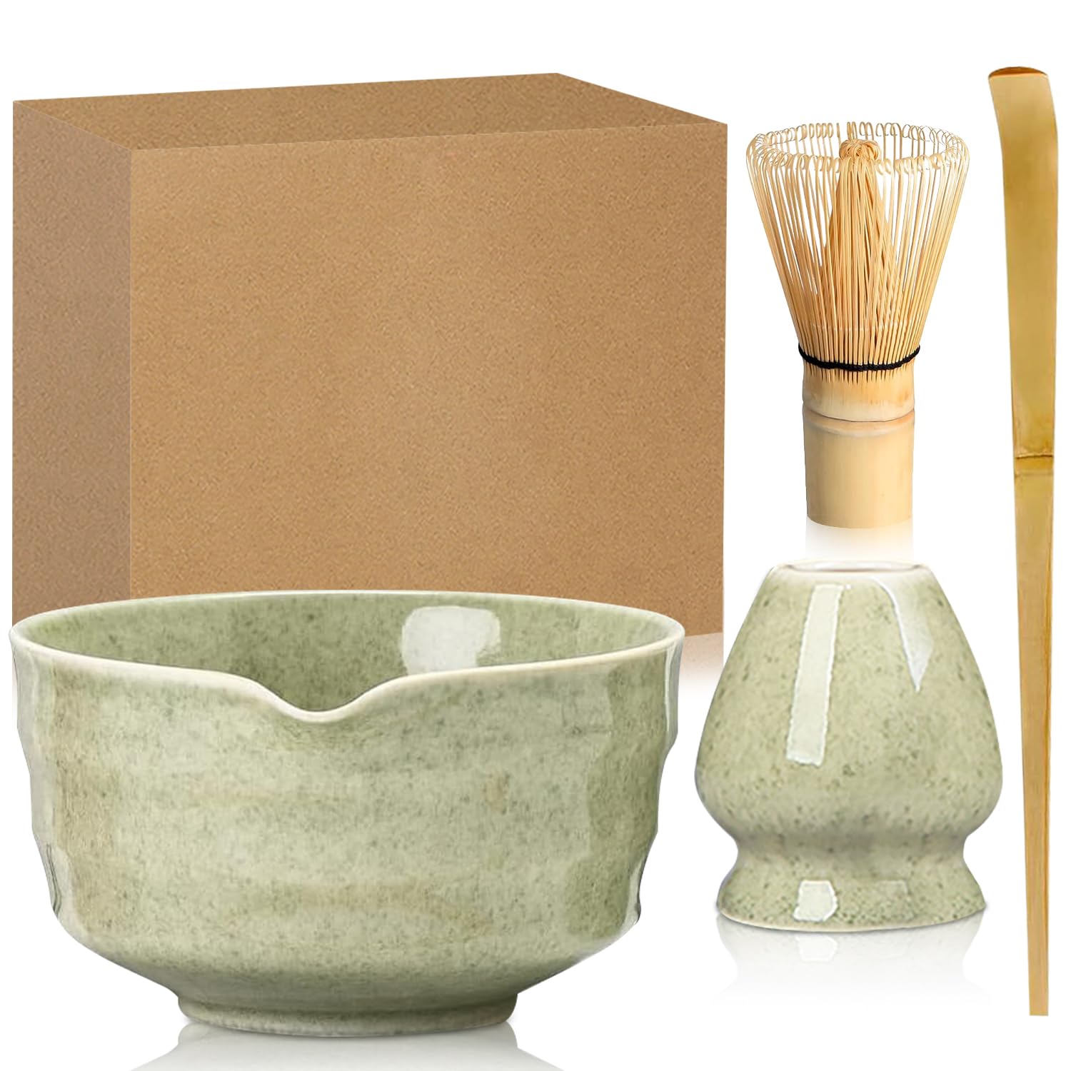 Matcha Set Grün,Macha Tea Set mit MatchaSchale Löffel Sieb Whisk Besen und Matcha Besen Halter,Ceremonial Matcha Tee Set Matcha Zubehör,Macha Set mit Schneebesen Klein (Matcha Grün)