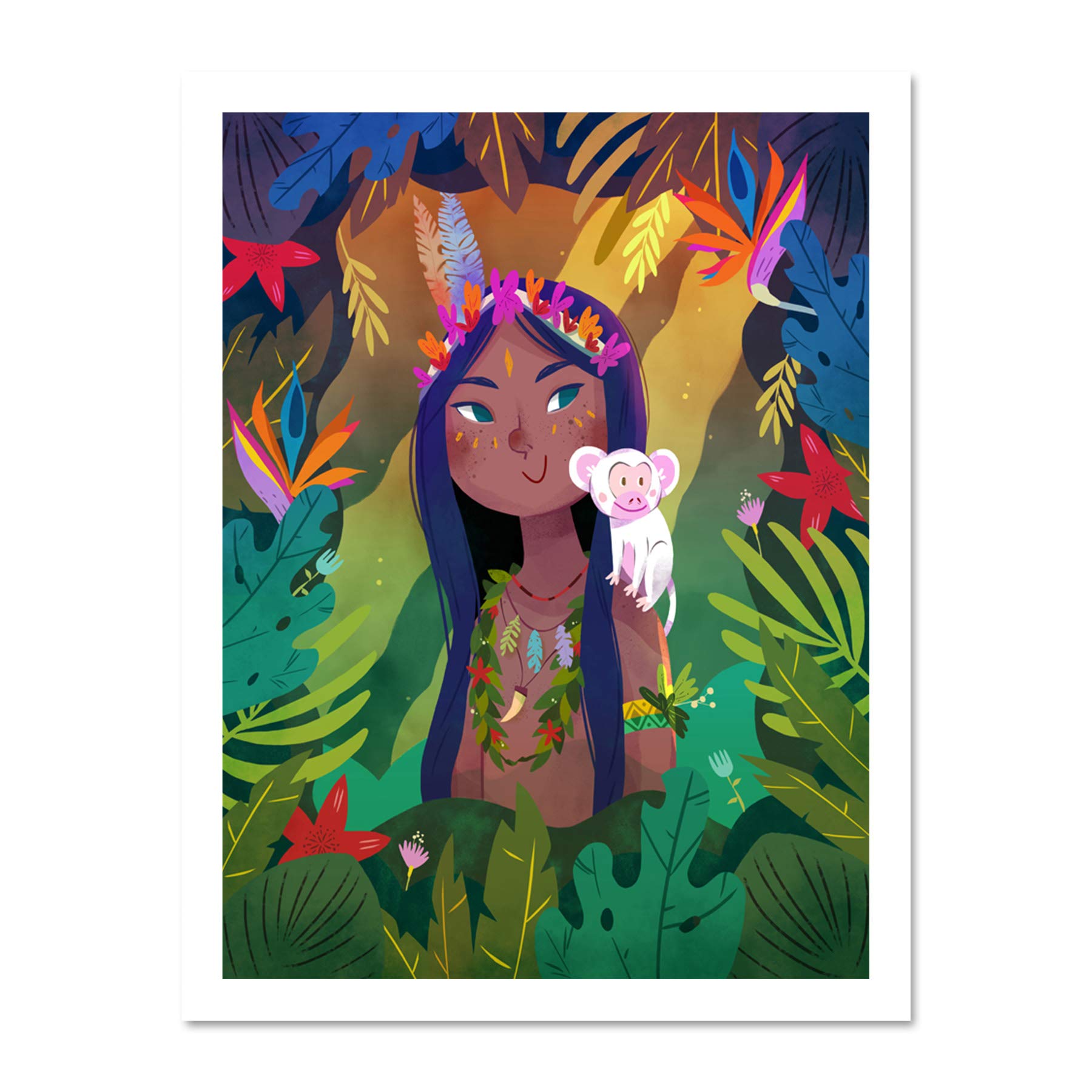 Wee Blue Coo Jungle Girl Flowers Monkey Wall Large Framed Art Print Poster Wall Decor 18x24 inch