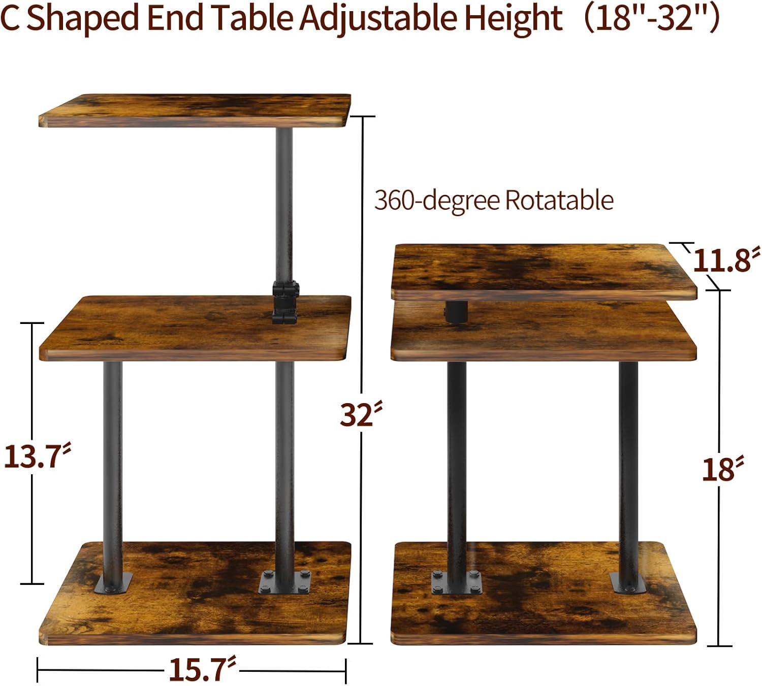 Swivel Side Table for Couch, 2 Pack Small End Table Adjustable Height Night Stand, 360° Swivel Nightstand with Storage Shelf for Small Spaces, Living Room, Bedroom