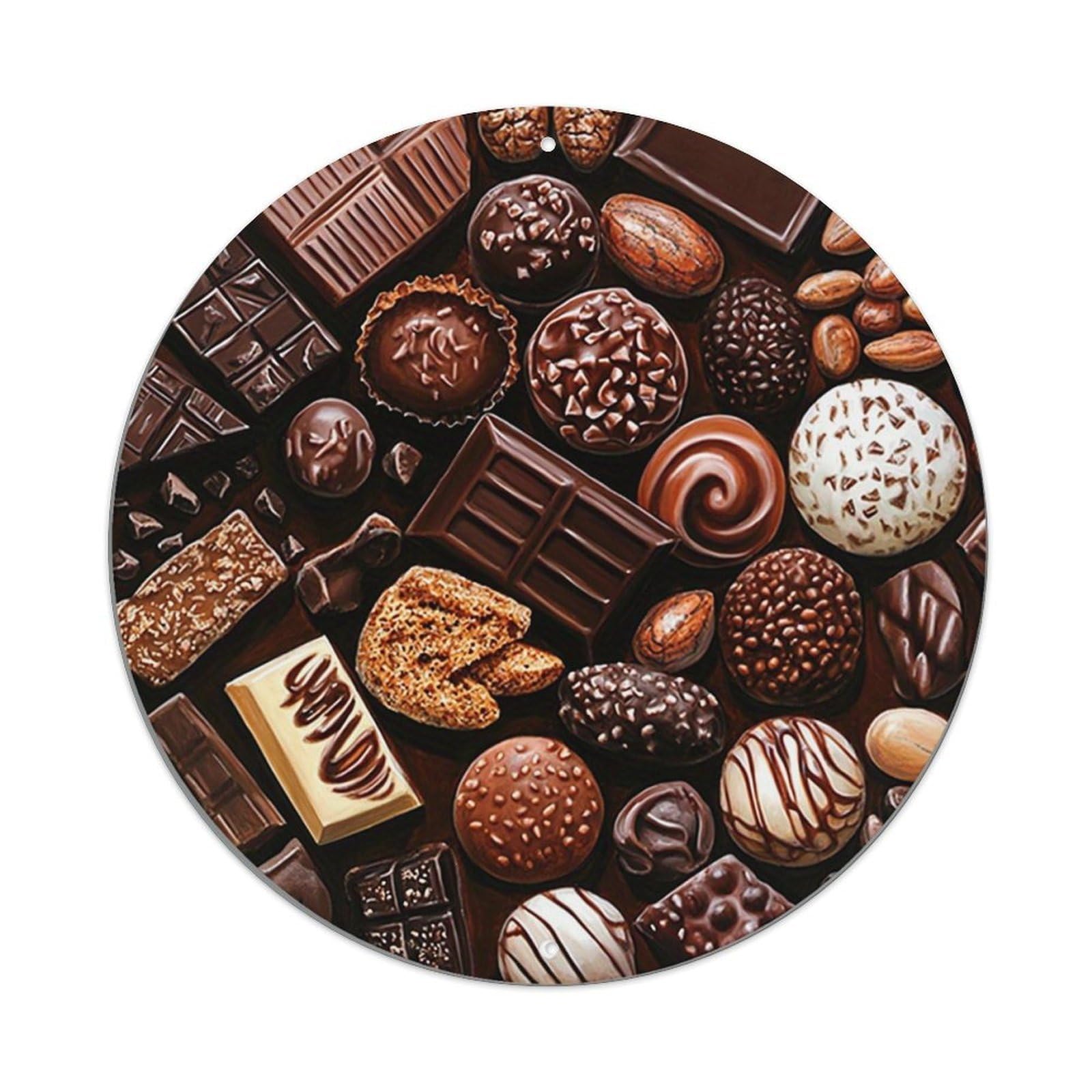 Chocolate Assortment Variety Delightful Tempting Retro Metal Sign Round Tin Sign, Vintage Decor Art Poster for Bar, Home, Man Cave, Kitchen, Laundry Room Gift 8x8Inch