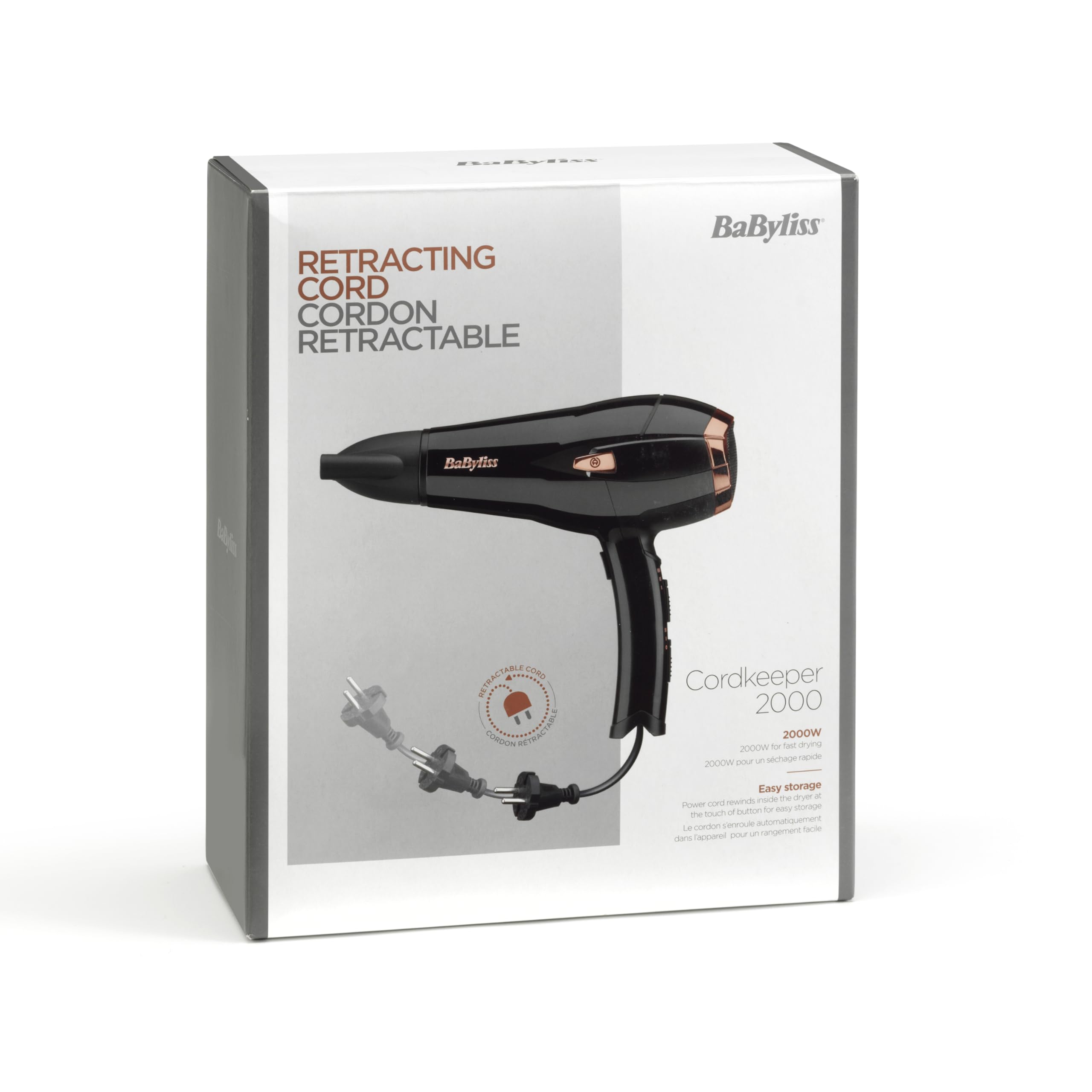 BaByliss Sèche-cheveux Cordkeeper 2000W avec cordon rétractable 1,65m Technologie ionique anti-frisottis 3 réglages température 2 réglages vitesse Noir D373E