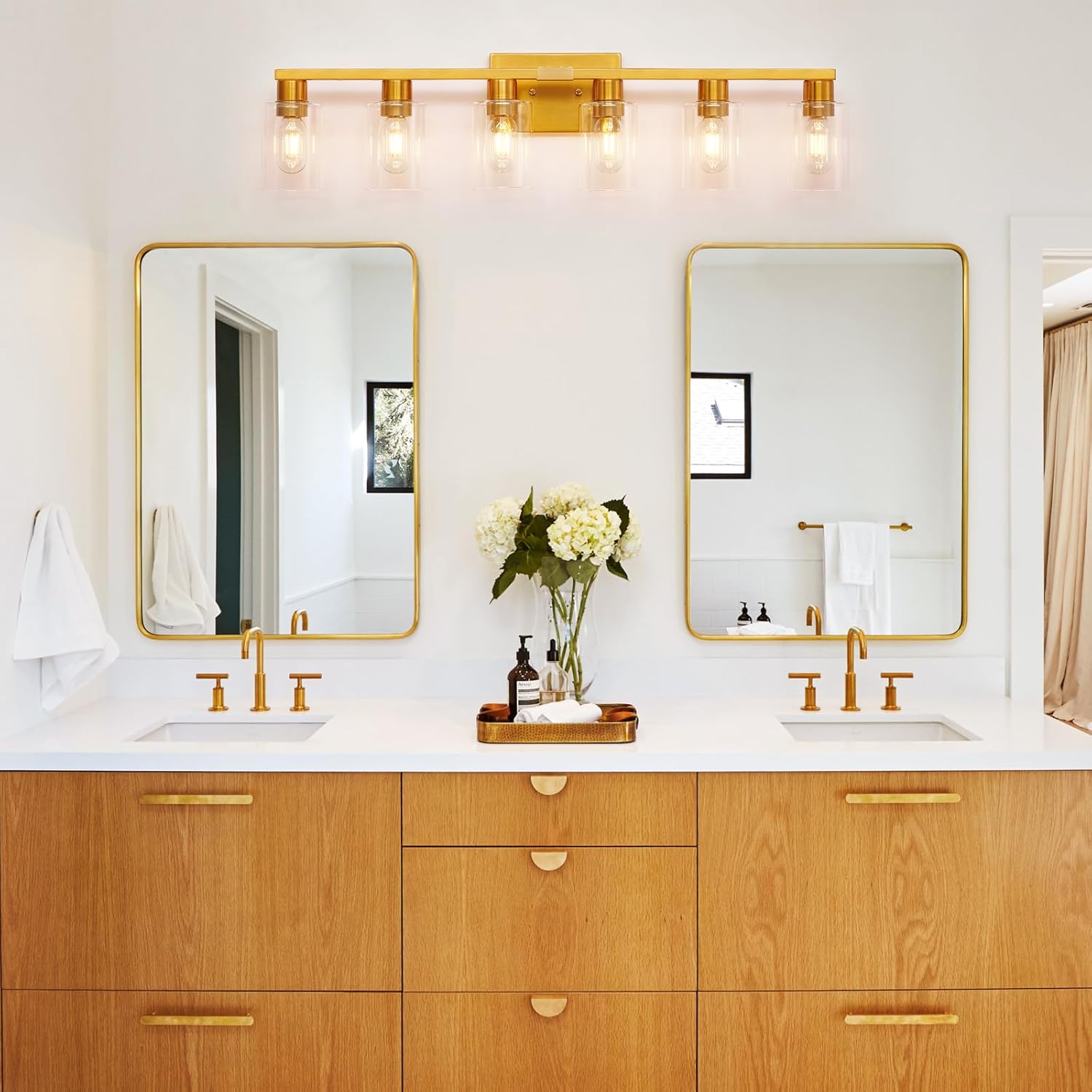gold 6 light bathroom vanity light brush gold bathroom light fixtures brass vanity lights for bathrrom large wall sconce with clear glass shade e26 socket 6 light gold