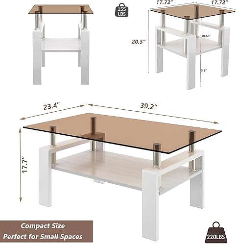 Miniatura 10 de Juego de 3 mesas auxiliares de cristal para sala de estar, mesas auxiliares de sofá Mordern con almacenamiento, mesa esquinera de metal blanco, mesa