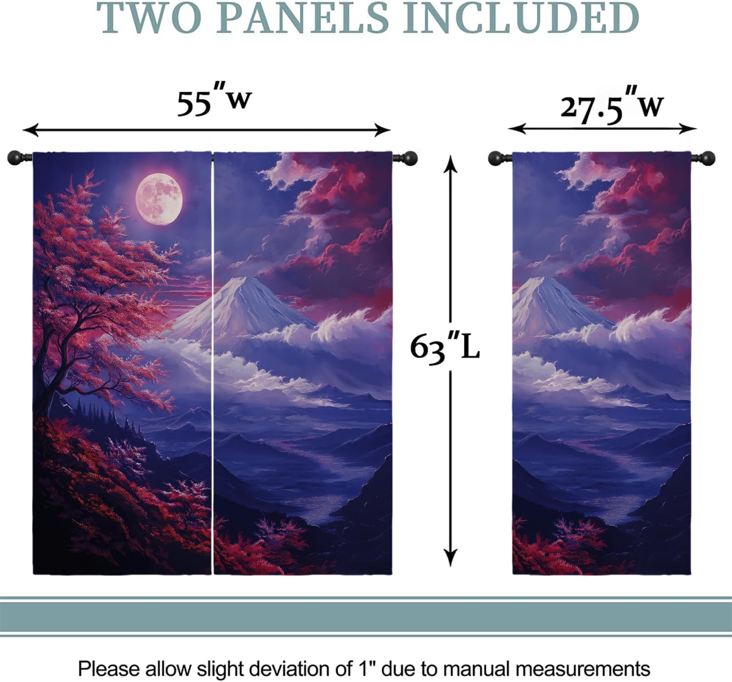Japanese Style Boy Girls Blackout Curtains,Anime Asian Mt. Fuji Red Plum Moon Landscape Painting, 2 Panel Rod Pocket Thermal Insulated Drapes for Bedroom, Living, Kids Room Deco 55x63 inch