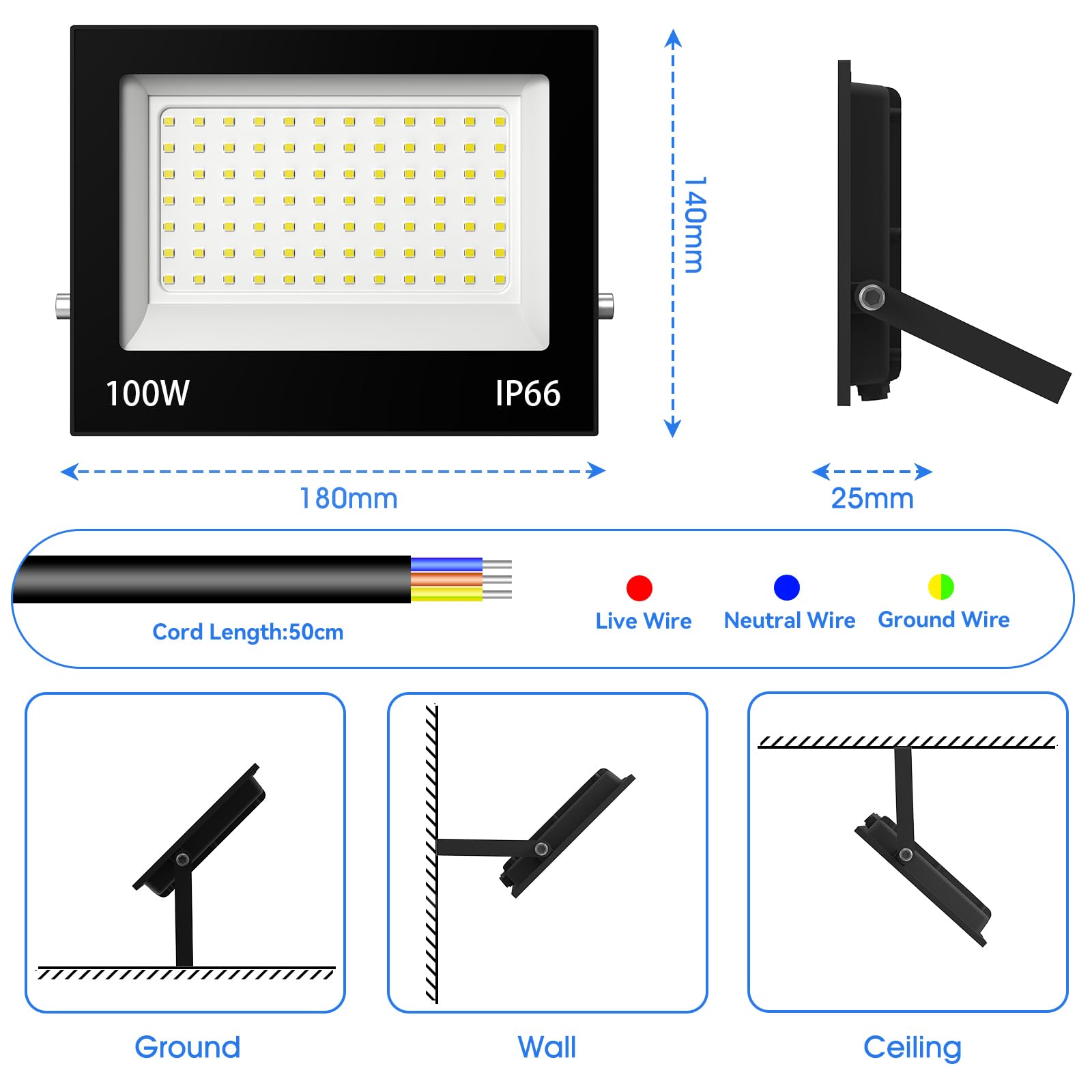 Probapro 100W LED Floodlight Outdoor - 10000LM Super Bright Security Light with 180° Adjustable Bracket & IP66 Waterproof Rating - Image 3