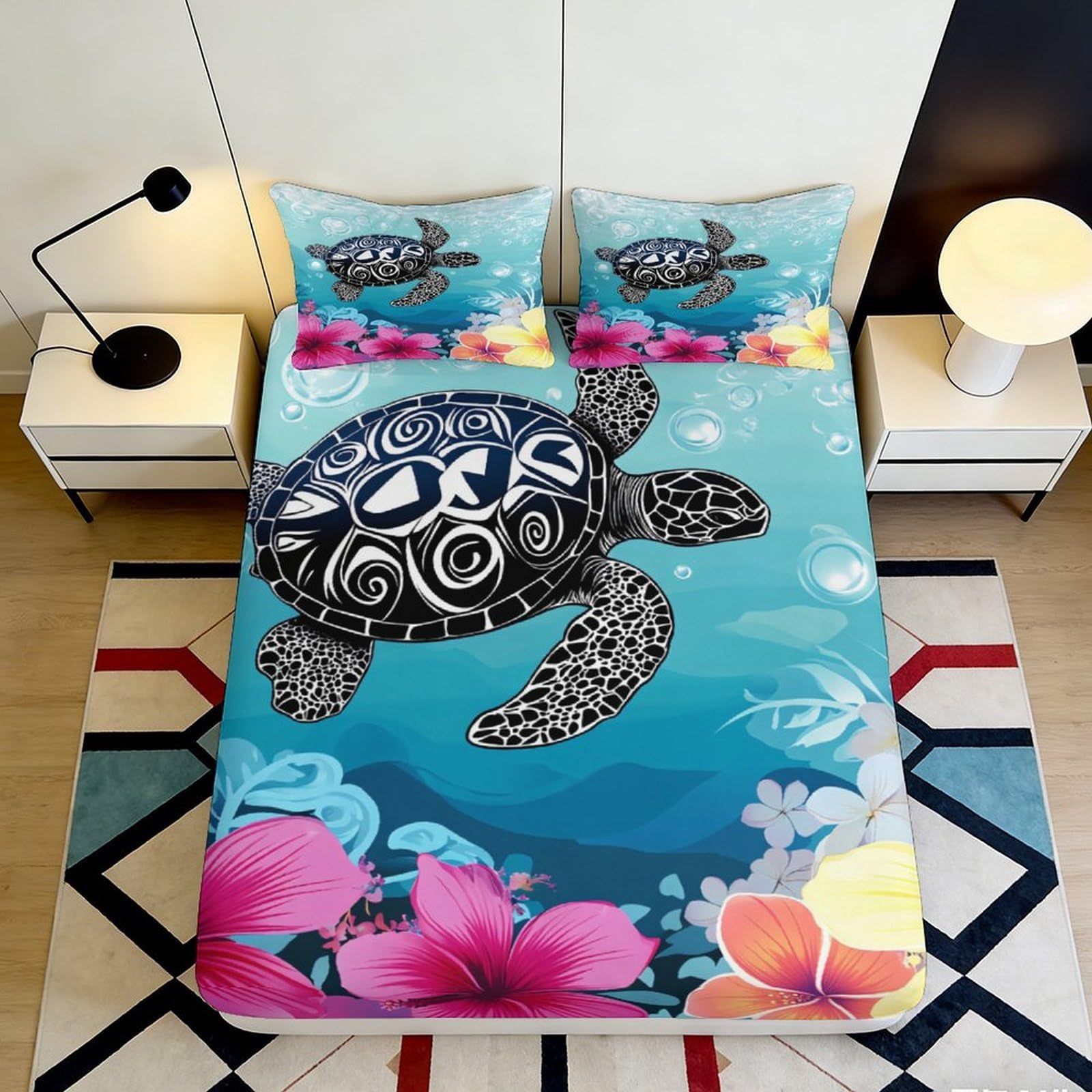 3D Printed Sea Turtle Fitted Sheet Microfiber Floral Ocean Mattress Cover for Bedroom Guest Room Decor Protection 90x200x25cm