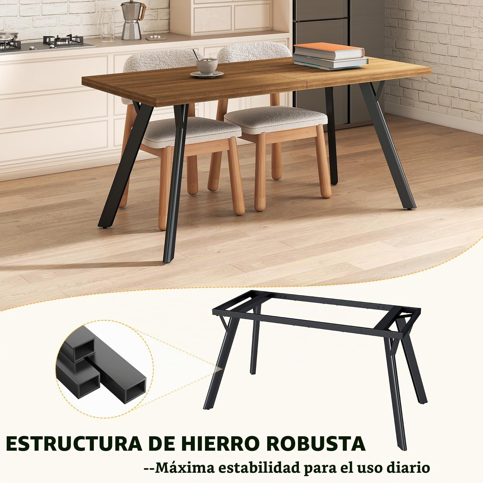 LEWE Mesa Comedor Madera, Mesa de Cocina Rectangular 160 x 80 x 75 cm | Moderna Mesa para 6-8 Personas, Patas de Hierro Sólidas, Ideal para Cocina, Comedor, Salón y Estudio, Marrón Nogal
