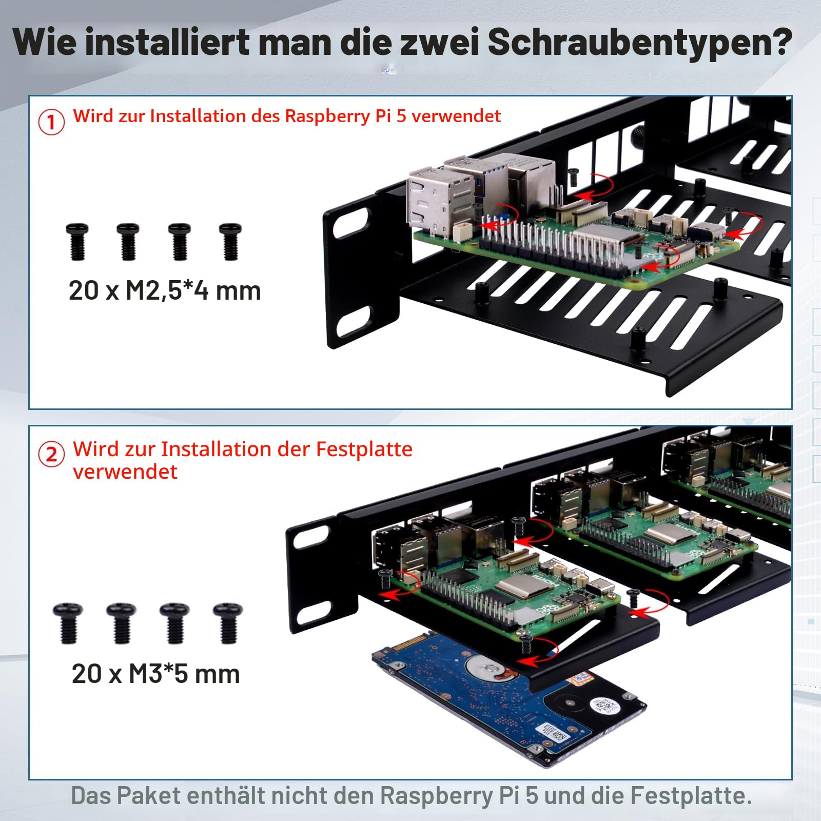 GeeekPi 19 Zoll 1U Rackmount für Raspberry Pi 5/4B/3B+/3B, mit abnehmbaren Fronthalterungen, kompatibel mit 19 Zoll Serverschränken