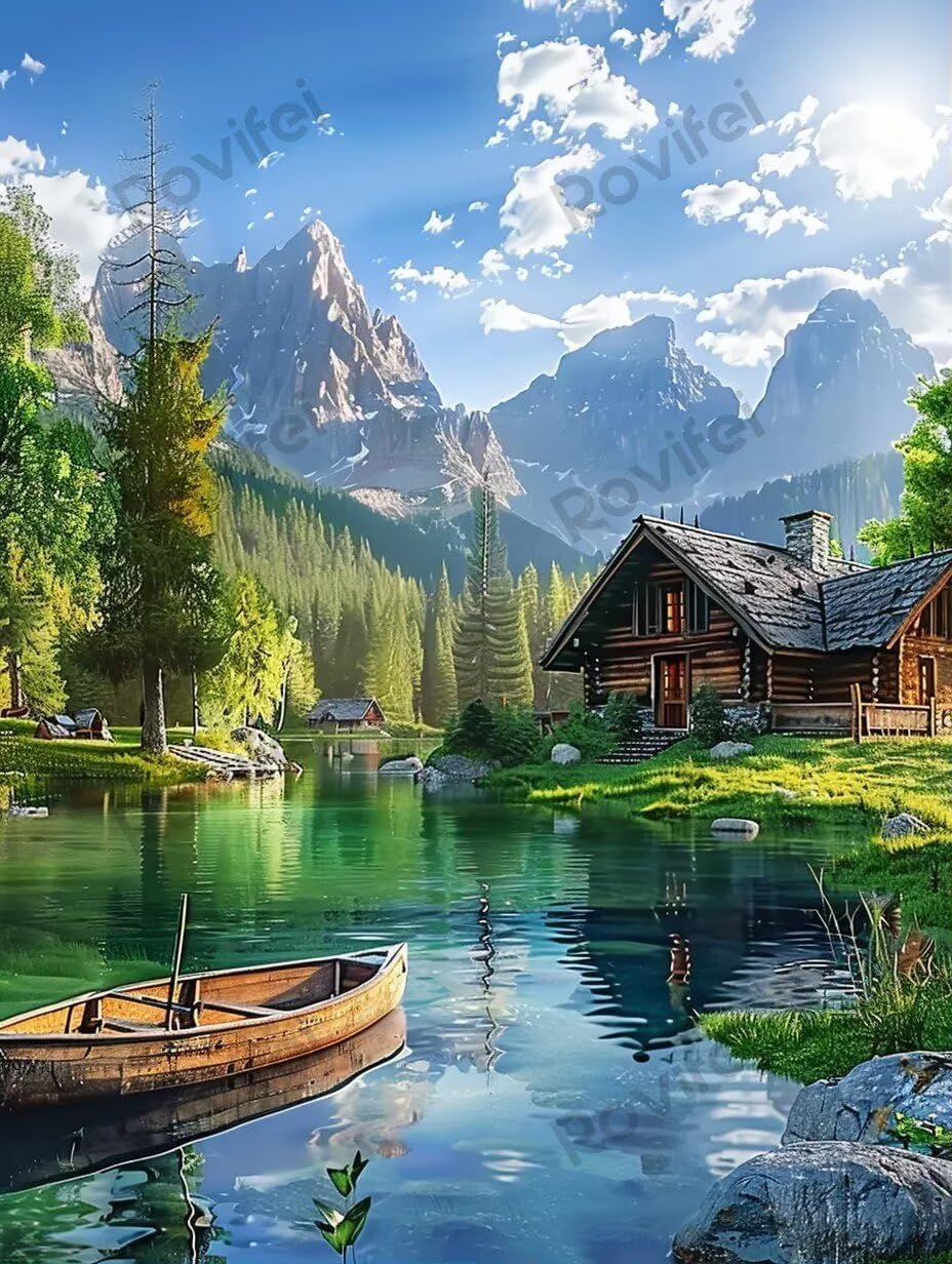 DIY Forest Lake Cabin Diamond Painting, Full Round Crystal Gemstone Art Cross Stitch Diamond Art Kits, for Adults & Beginners, for Room Decor Wall Decor 20X24 Inch