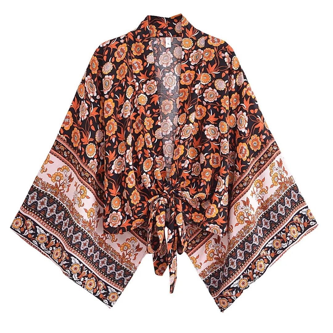 Women Beach Kimono Short Robe Swimsuits Floral Batwing Sleeves Rayon Bikini Cover Ups Beachwear
