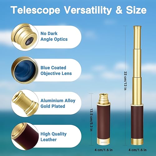 Miniatura 3 de Telescopio pirata retro 25x30 Spyglass portátil plegable telescopio de mano zoom vintage monocular colección clásica brújula para camping, caza,