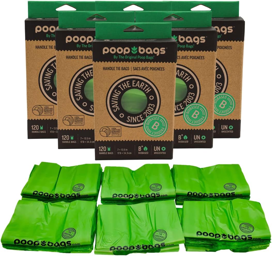 The Original Poop Bags® - Dog Poo Bags with Tie Handle - USDA Certified Biobased Dog Waste Bags with Handles - Unscented Leak proof Thick & Strong Doggy Bag - 7x13 120 bags in pack - Unscented : Pet Supplies