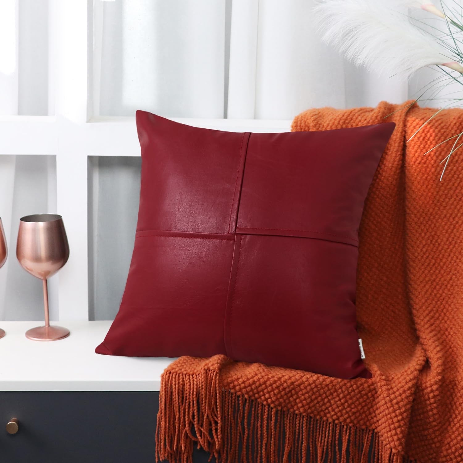 BRAWARM Faux Leather Throw Pillow Covers 22 X 22 Inches, Deep Red Leather Pillow Covers Pack of 2, Hand Stitched Leather Decorative Throw Pillows for Couch Sofa Bed Living Room Home Garden