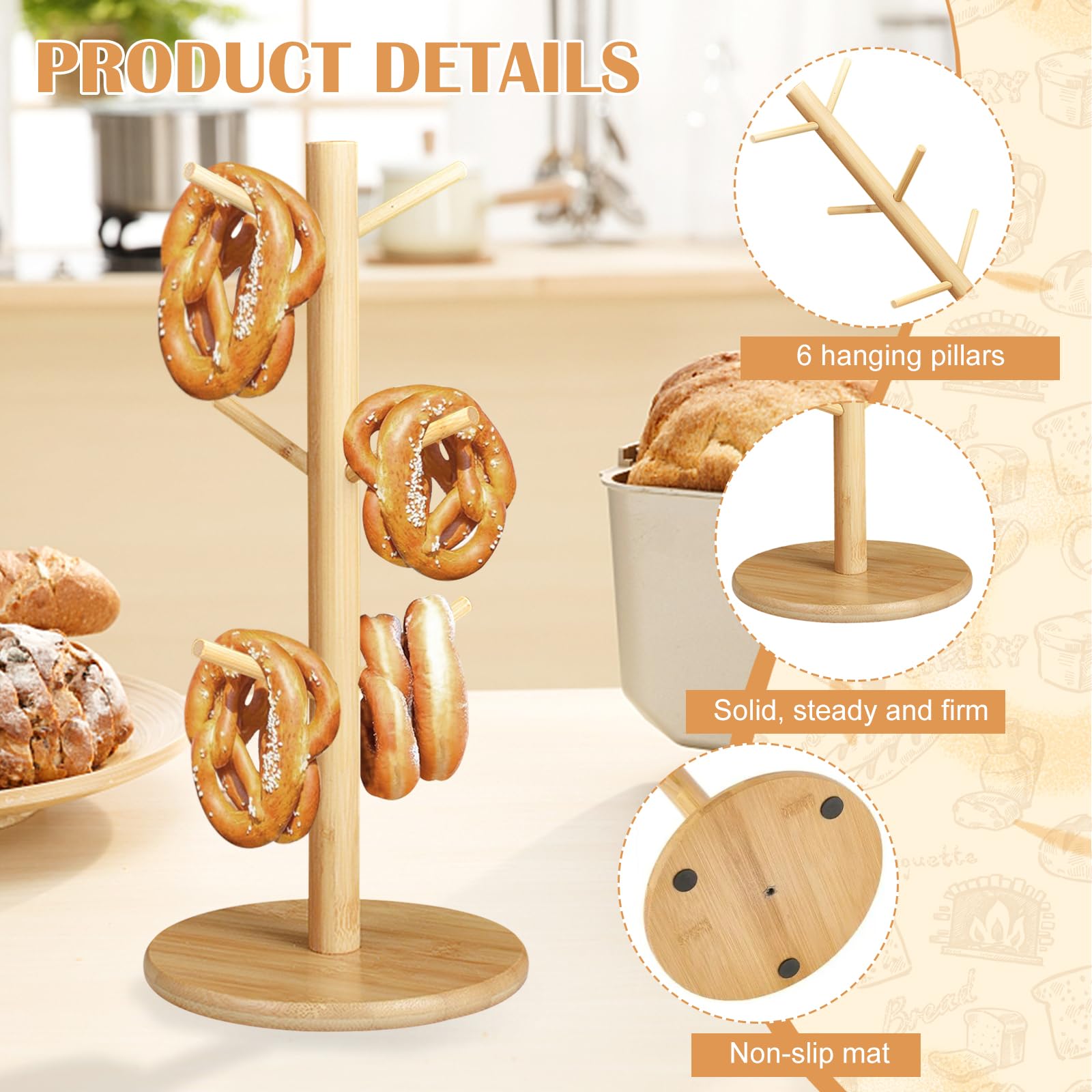 2 Stück Brezelständer, Holz Brezelhalter in Baumform, Donut Ständer Snack Display, 6-armig, Höhe 35cm, für Brezeln Würste Laugenbrot, Küchen,Cafés,Bäckereien,Restaurants (Runder Sockel)