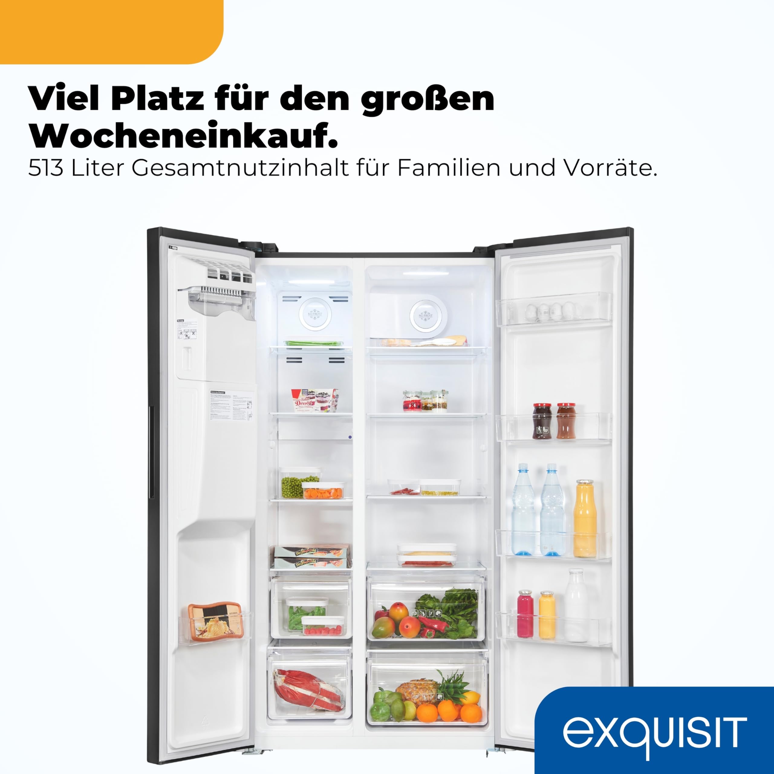 Exquisit Side-by-Side Kühlschrank 513 l, No Frost, Wasserspender | Ice-Maker, Energieklasse E, 39 dB, Inox-Look – 177,5 x 91,0 x 66,0 cm, wechselbarer Türanschlag