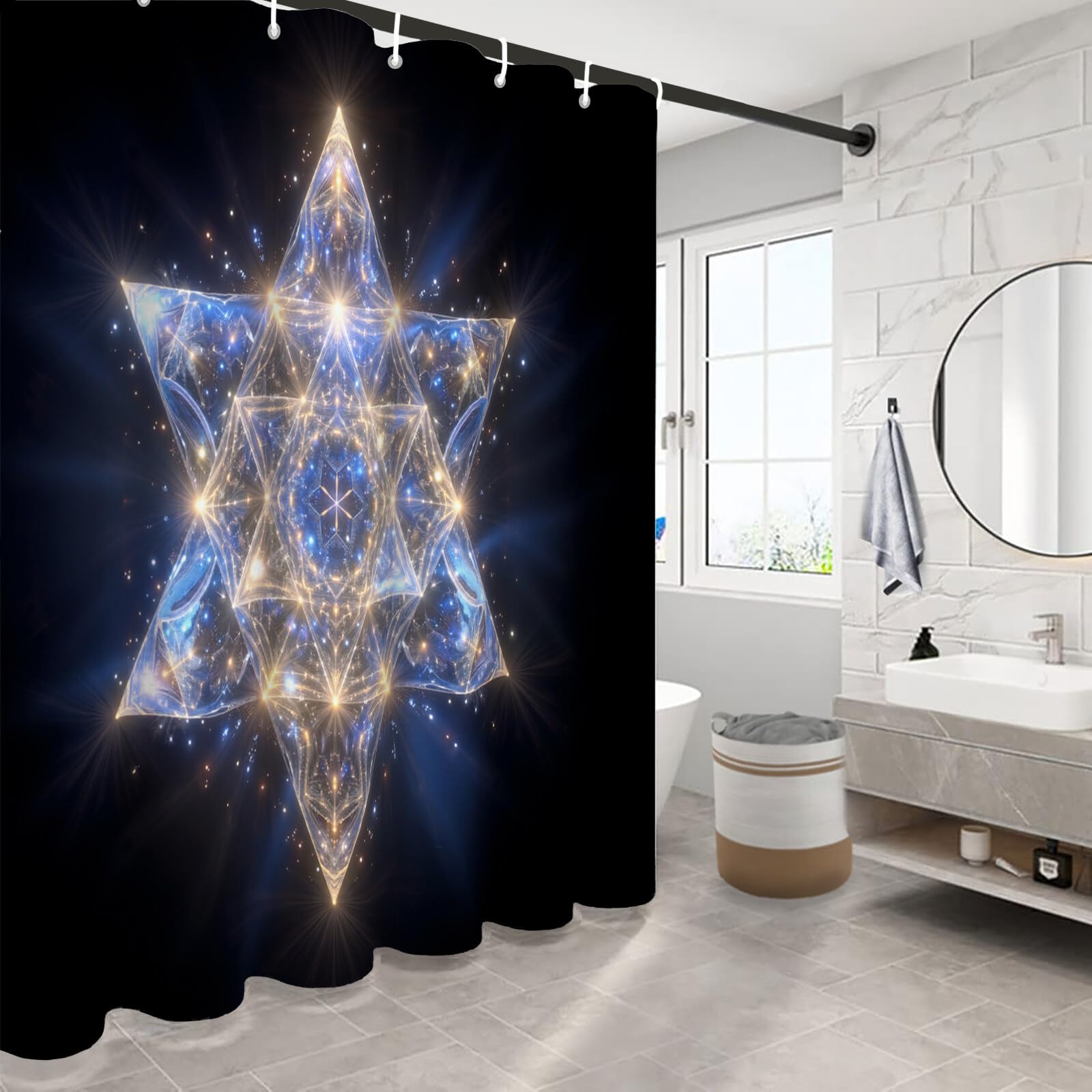 Rideau De Douche Géométrie De L'Hexagramme Abstraction Technologique Tissu Imperméable Lavable avec Crochets Anti Moisissure en Polyester Rideau Douche pour Salle De Bain