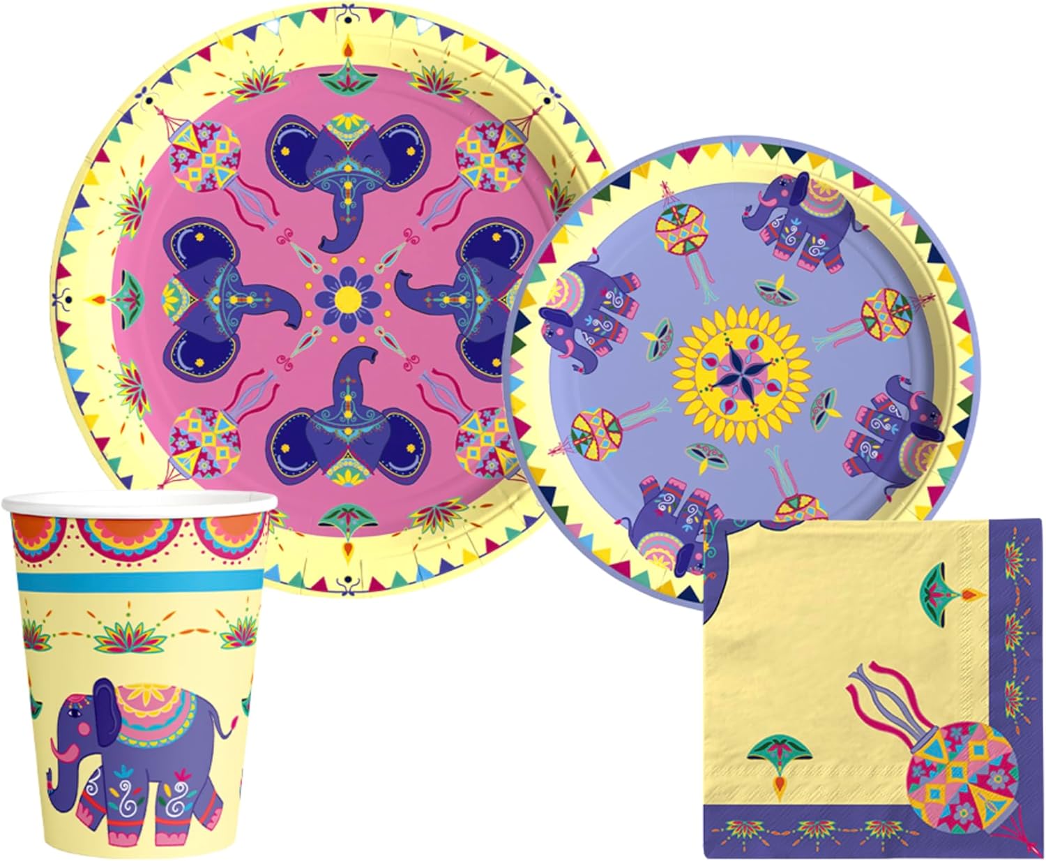 Diwali Tableware Pack: Disposable Paper Plates, Napkins and Cups Set for 20