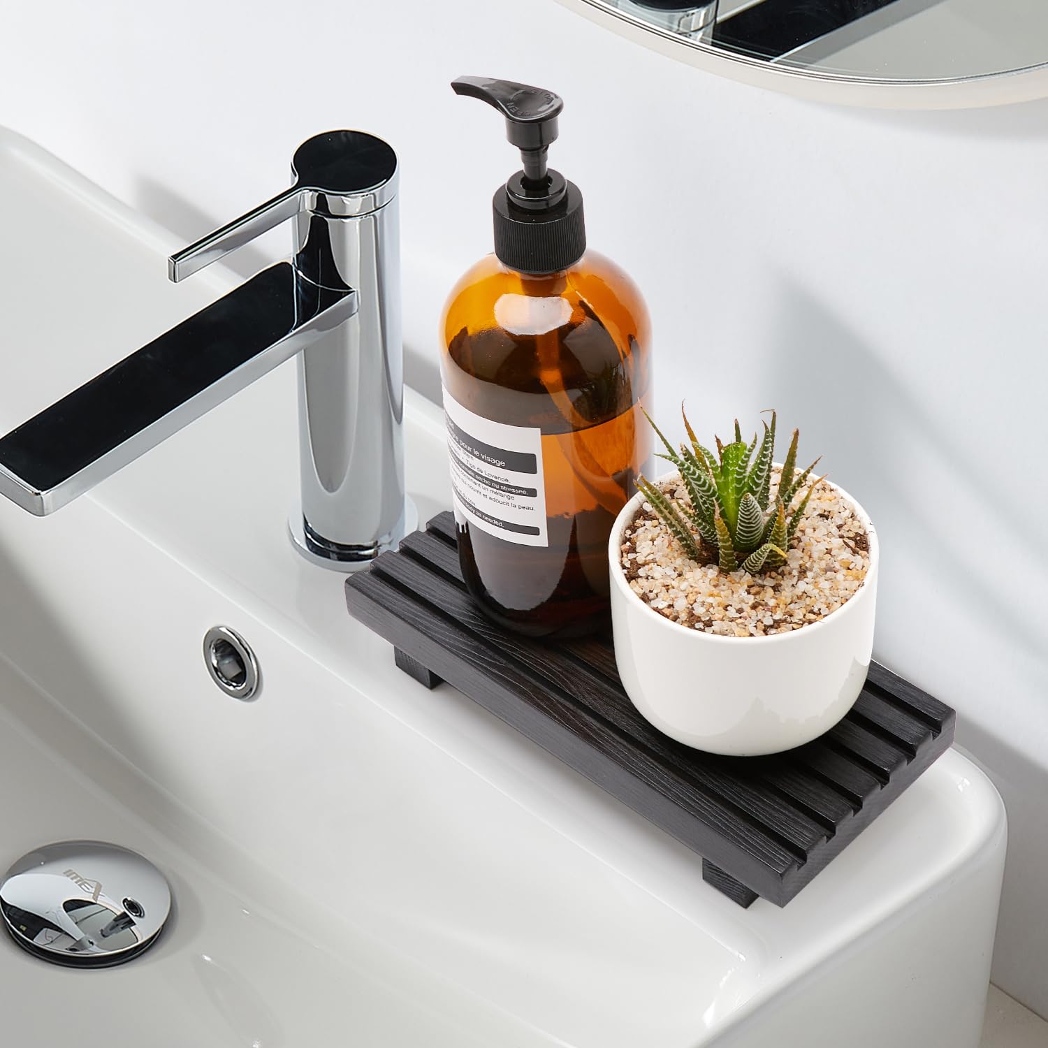Bandeja de madera negra para decoración de baño, accesorios para fregadero
