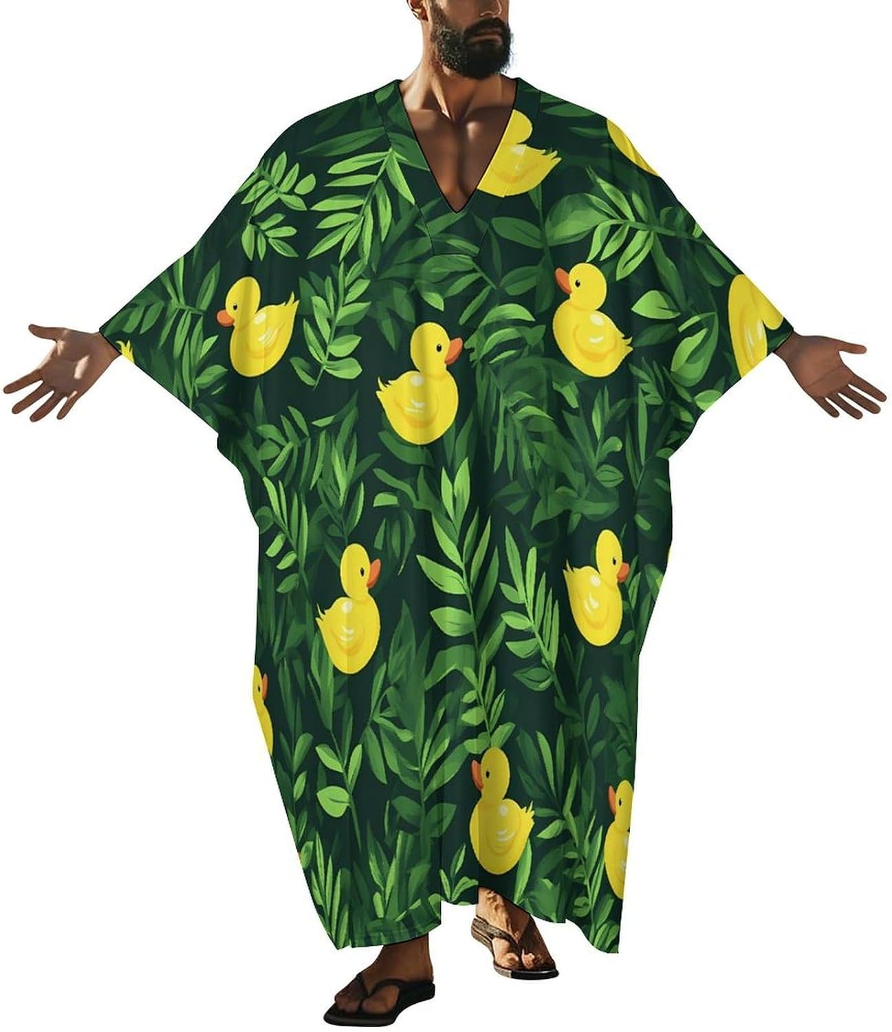 Yellow Rubber Ducks in Green Leaf Men's Kaftan Thobe V-Neck Long Gown Loose Robe