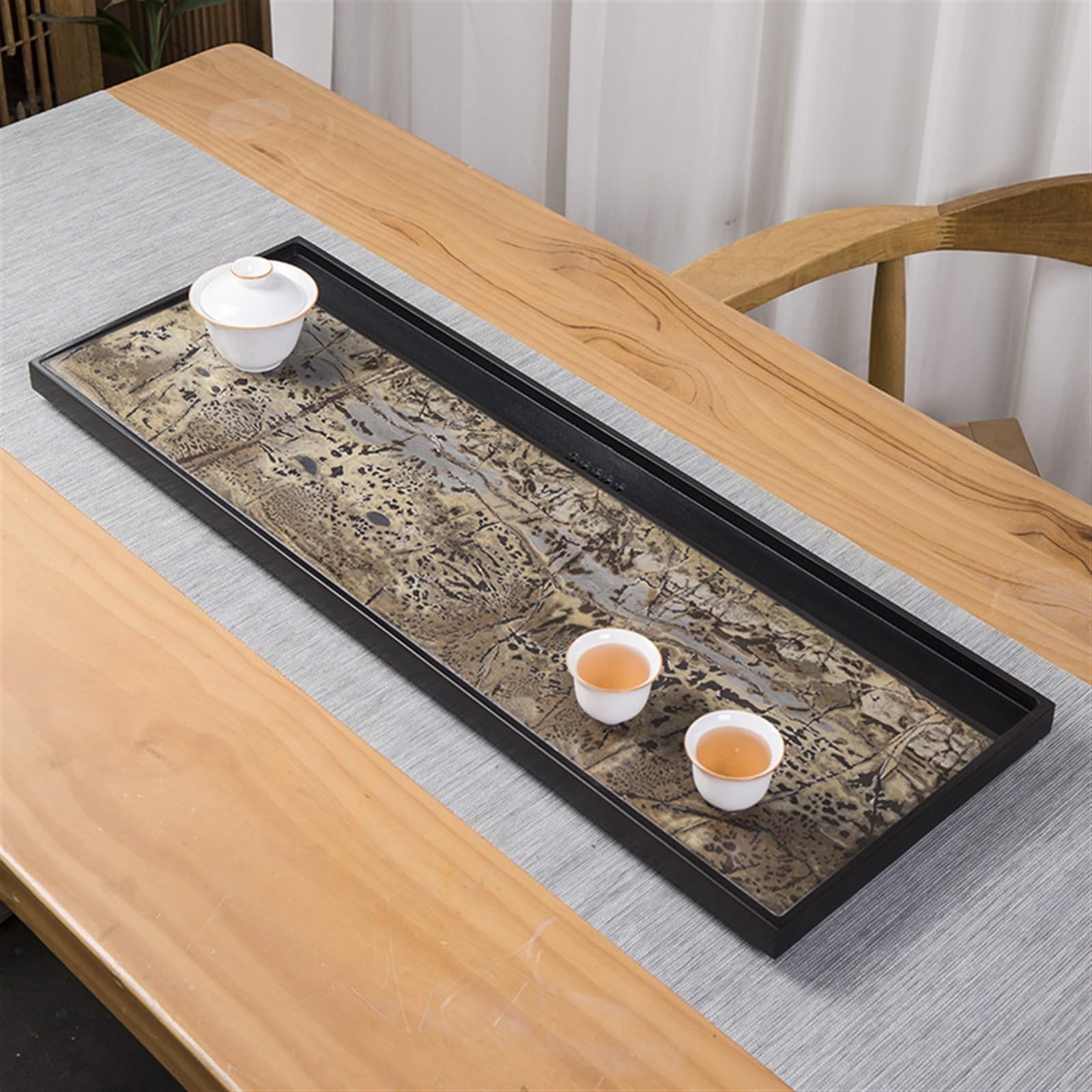 Bandeja de té Sencilla, Juego de té, Bandeja de té de ebonita Natural, Pieza Entera, hogar, Oficina, Piedra fosilizada Nacional China (70 x 35 x 3 cm)