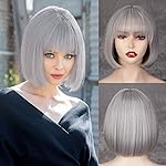 WERD Silver Bob Wig with Bangs, Short Bob Grey Wig for Women, Straight Short Silver Hair Natural Looking for Daily
