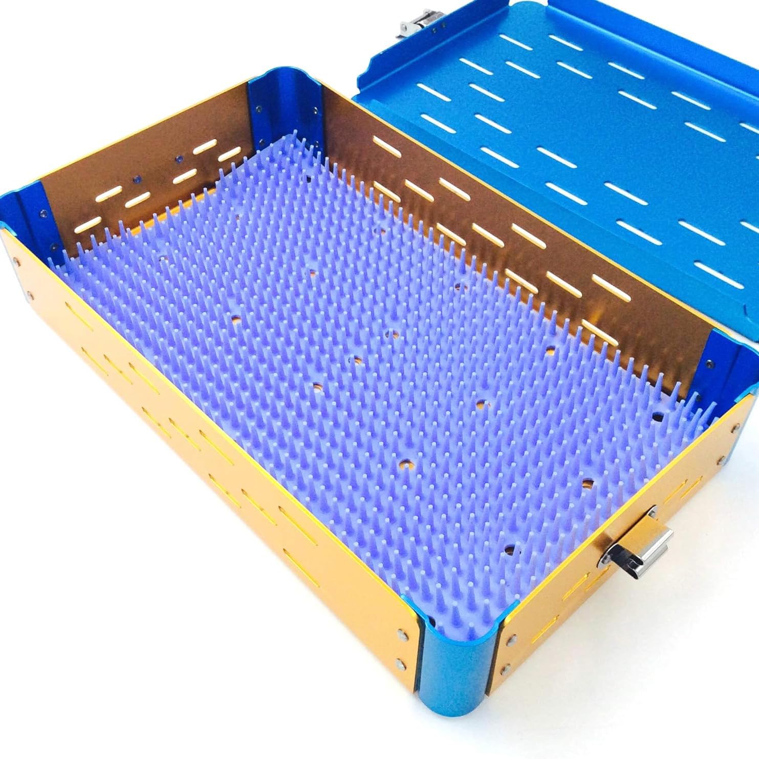Caja de esterilización de instrumentos quirúrgicos médicos, bandeja de cesta ultrasónica de desinfección de aluminio con estera de silicona