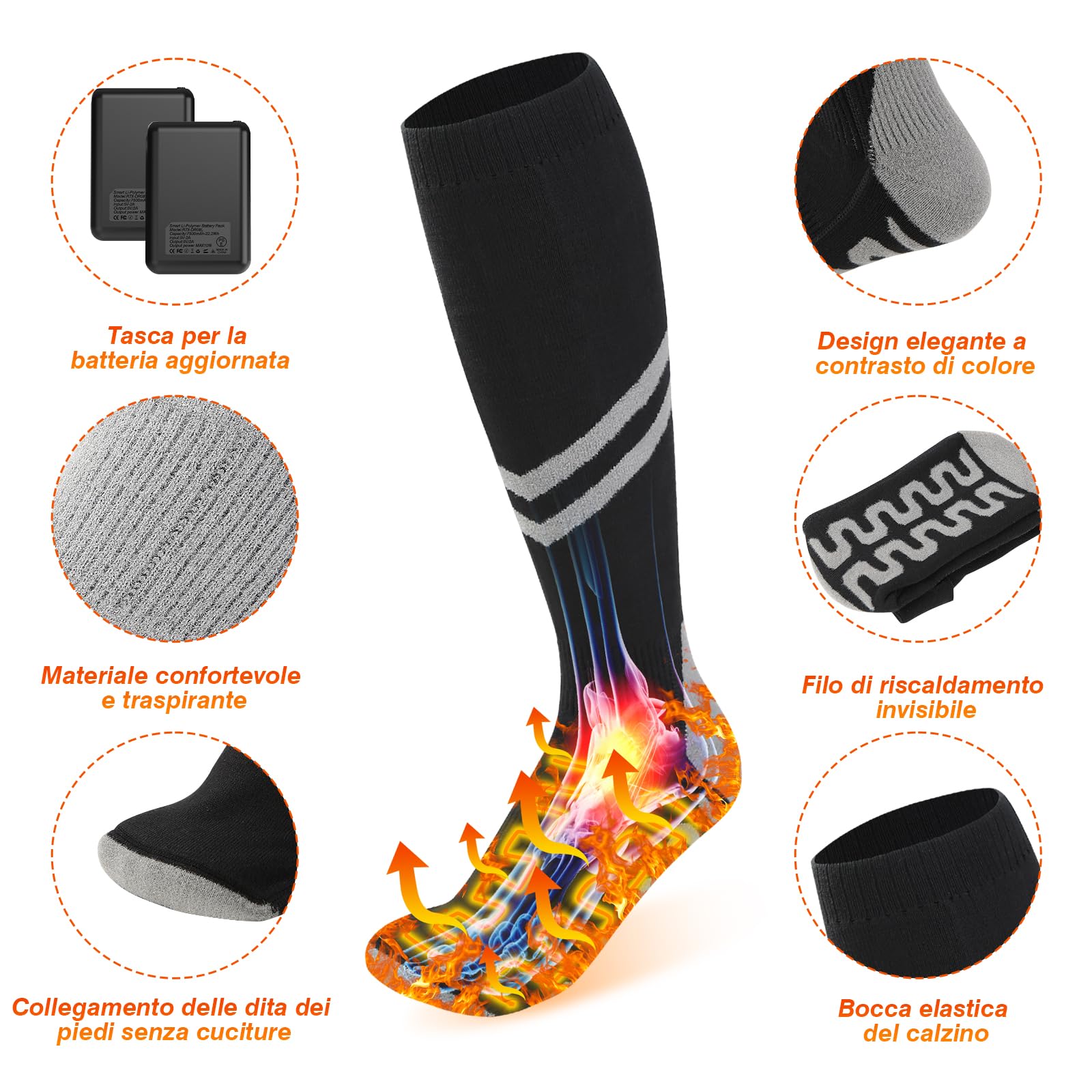 2024 Calze Riscaldate a Batteria Ferdiiz, 2 x 7500mAh/5V Max. 14 Ore Inverno Ricaricabili Calzini USB Riscaldati Scaldapiedi Elettrico Calze al ginocchio con 4 Temperature per l'intero Plantare