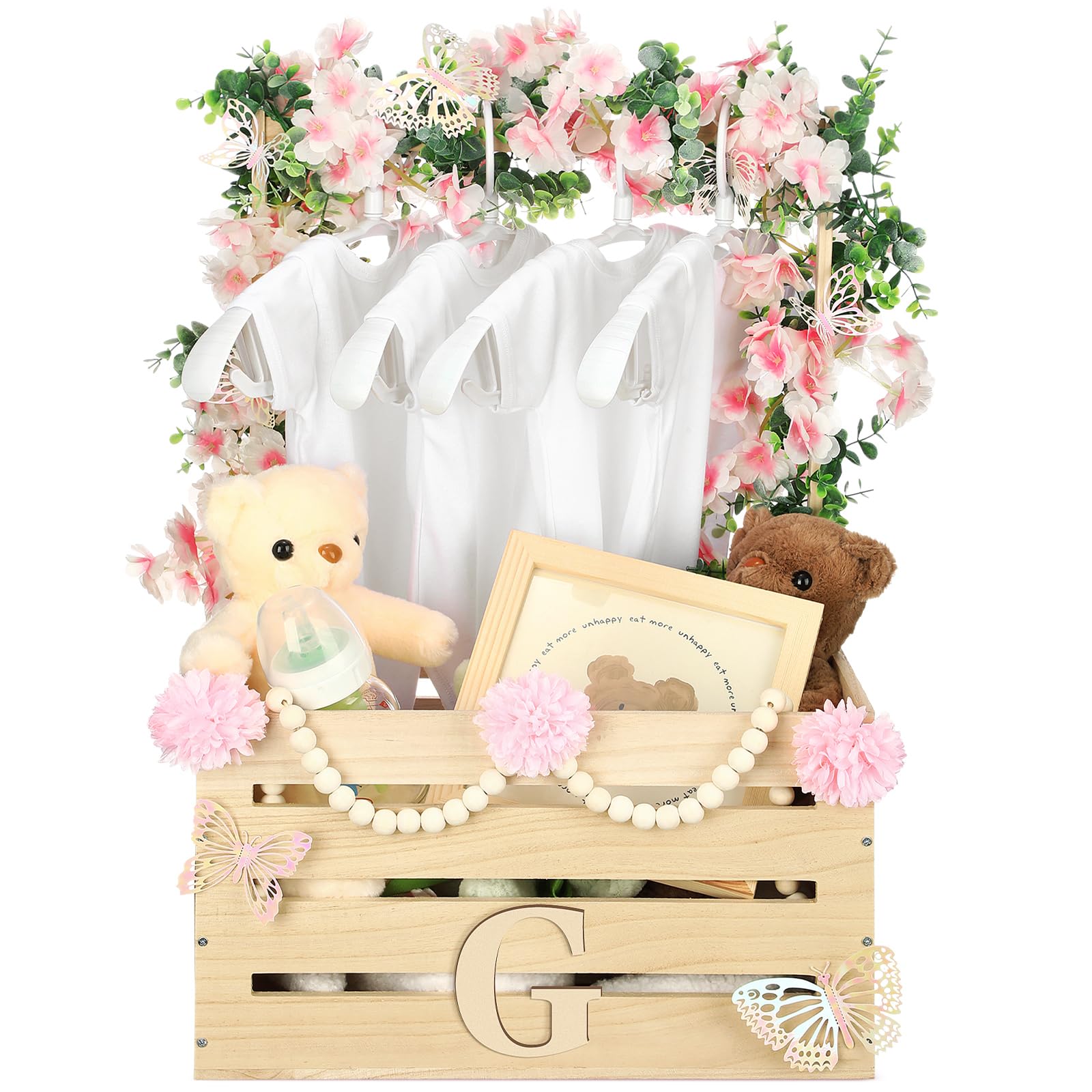 Juexica Wooden Baby Shower Crate Closet Baby Basket with Handle Box with Butterfly Eucalyptus Garland Bead Artificial Flowers Large Letter for