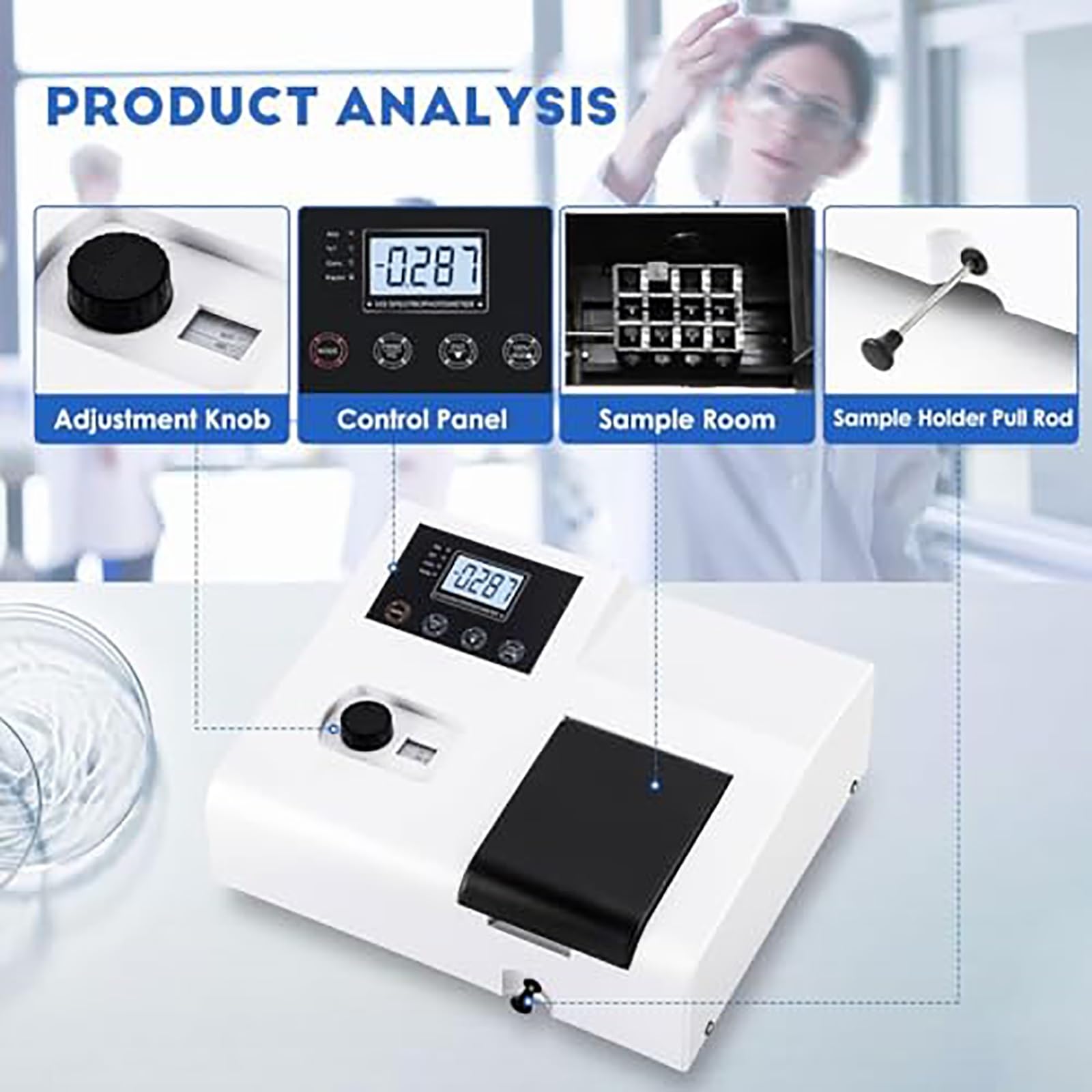 Espectrofotómetro óptico, con puerta de luz automática y perilla de ajuste de longitud de onda, for pruebas de alimentos, exploración geológica y laboratorios químicos