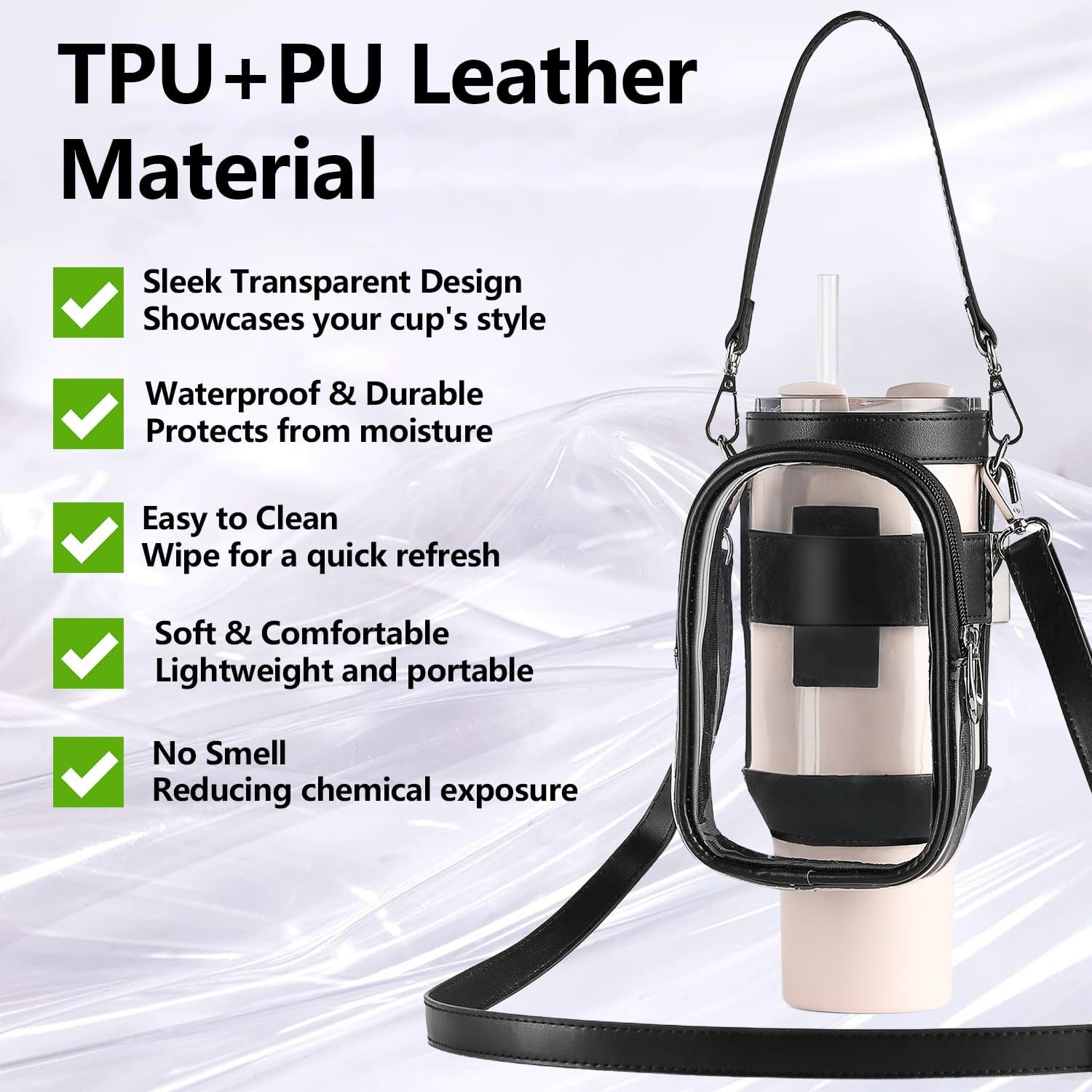 Clear Water Bottle Carrier Bag with Phone Pocket for Stanley Cup 40oz,with Adjustable Shoulder & Handheld Strap Stanley Cup Accessories Edging for Concert Sports (Black) - Image 4
