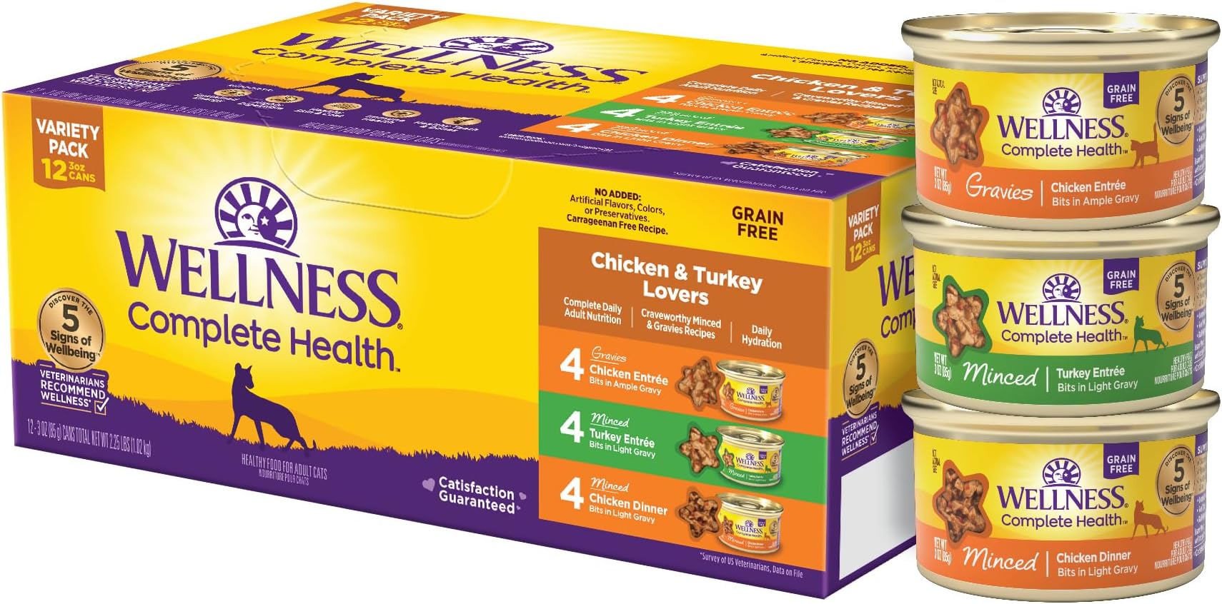 Wellness Complete Health Gravy and Minced Variety Pack Adult Canned Wet Cat Food, Natural, Protein Rich, Grain Free, Chicken and Turkey Lovers, 3 oz, Pack of 12 Cans
