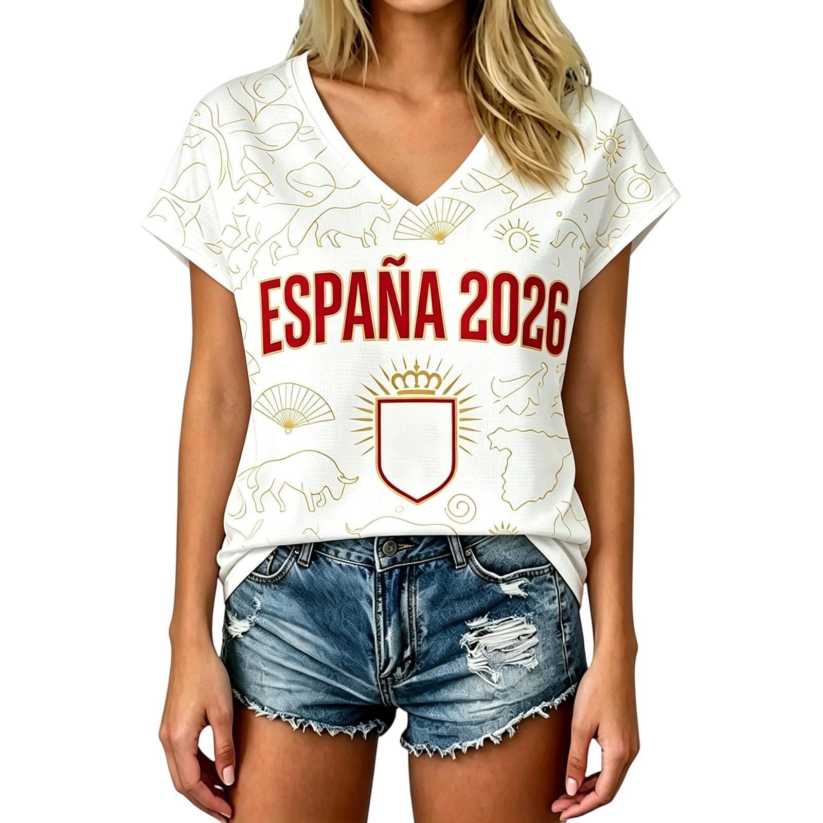 Spain Football T-Shirt for Women Short Sleeve V-Neck Shirts Spain Flag Comfortable Casual Tee Retro Soccer Jersey Adult and Kids Summer Tops (2-Beige, 10-11 Years)