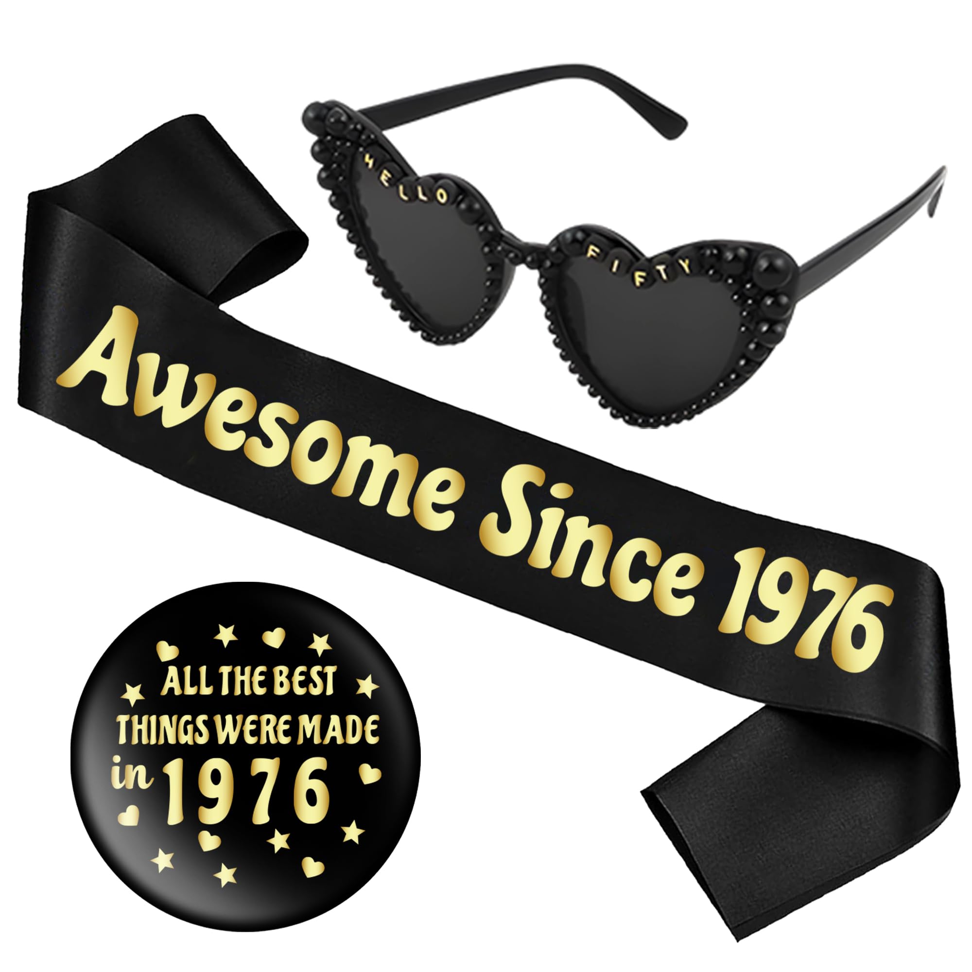 50th Birthday Decorations Sash Gift - 3 Pcs Black Gold Awesome Since 1976 Sash Button Badge Sunglasses Gift for Women Men 50 Year Old Birthday Party Accessories Supplies