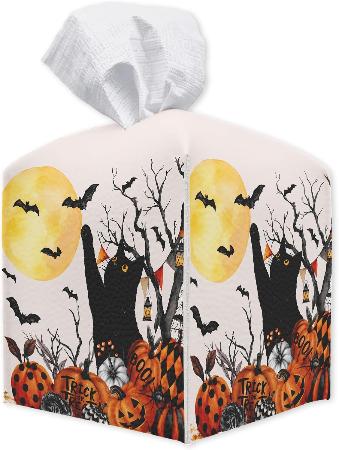 Halloween Cat Tissue Box Cover, 5 Inch Square Leather Tissue Holder, Decorative Tissue Box Organizer for Bathroom Office Desk, Halloween Party Table Fall Home Decor, Ideal Housewarming Gift- A03
