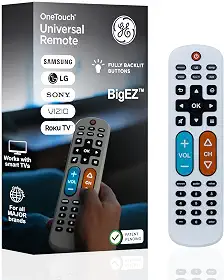 GE Controle remoto universal de TV BigEZ OneTouch para idosos, fácil de usar, controle remoto de substituição para Samsung, LG, Sony, Vizio, Roku TV, reprodutores de streaming, botões retroiluminados