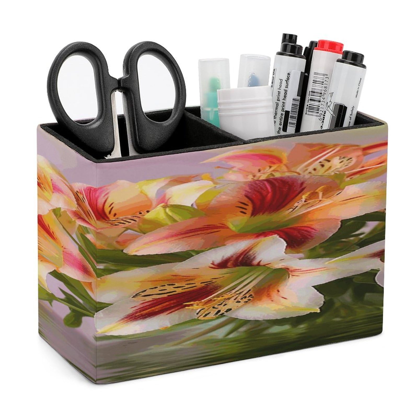 VstaDank Alstroemeria Pencil Holder for Desk(Double Slots) Fashion Leather Pencil Cup Simple Rectangular Shape Pen Holder Multi-Functional Pen Cup for Home Office Supplies Storage