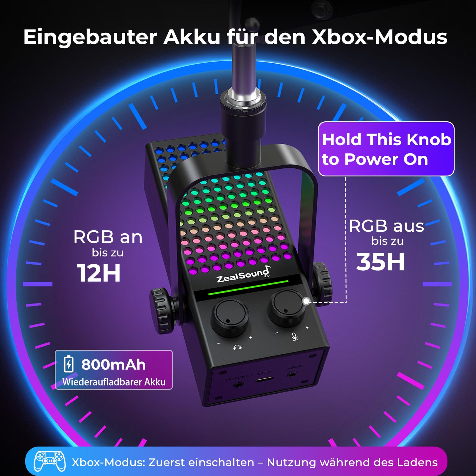 zealsound Xbox Gaming Mikrofon mit Arm, USB Mikrofon für PC, Handy, & PS5 | Rauschunterdrückendes, Mute, Gain-Control, Echtzeit-Monitoring und RGB-Beleuchtung, Plug & Play für Streaming, Podcast, Zoom
