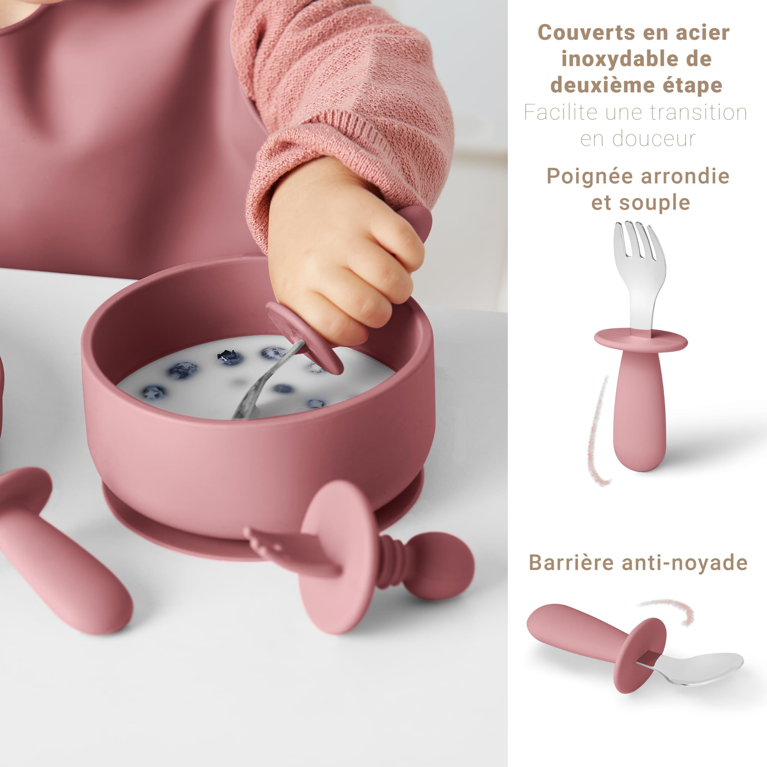 Navik | Coffret repas bebe 12 pièces | Assiette ventouse pour bébé | Tasse apprentissage bebe | Bol et bavoir | Couverts bébés | Rose